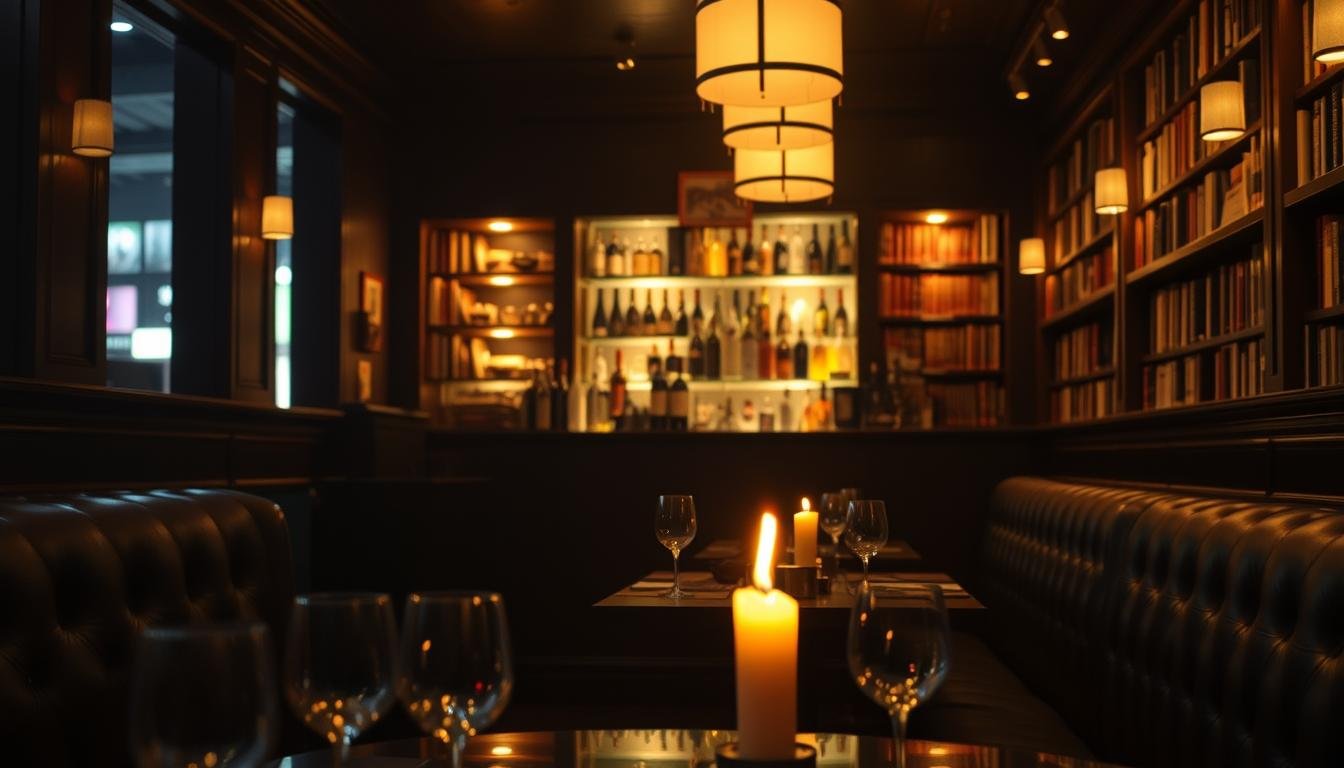 A dimly lit, intimate French bistro nestled within the bustling Eslite Bookstore. Warm, soft lighting casts a golden glow over a central bar, where bottles of fine wines and liquors stand at the ready. In the foreground, a table is set with delicate glassware and a single candle, its flame flickering gently. The middle ground reveals cozy leather banquettes lining the walls, creating a sense of privacy and exclusivity. The background is hazy, with shelves of books lining the walls, suggesting an intellectual, refined atmosphere. The overall mood is one of subdued elegance, where the art of fermentation and maturation takes center stage, inviting patrons to savor the nuanced flavors and aromas of Noir's carefully crafted libations.