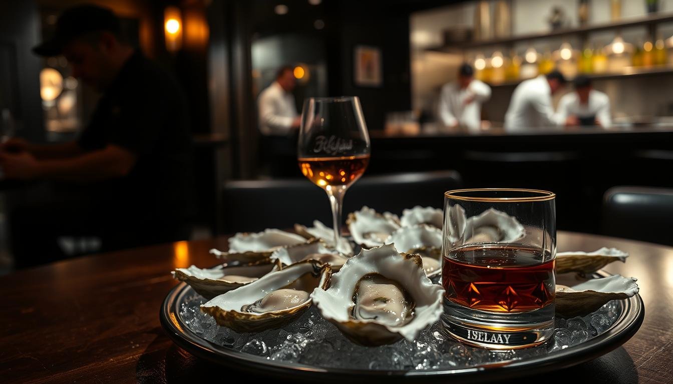 A dimly lit, intimate Oyster Bar Pitresk setting. The focus is on a meticulously arranged platter of freshly shucked Akkeshi oysters, glistening with seawater. Beside it, a crystal tumbler filled with amber-hued Islay single malt whisky, its smoky aroma mingling with the briny ocean notes. The background features dark wood paneling, soft lighting, and a glimpse of an open kitchen where chefs are at work, creating a harmonious symphony of seafood and spirits. The composition evokes a sense of refined indulgence, where the simple pleasures of well-crafted ingredients and skilled preparation converge to create a memorable gastronomic experience. A dimly lit, intimate Oyster Bar Pitresk setting. The focus is on a meticulously arranged platter of freshly shucked Akkeshi oysters, glistening with seawater. Beside it, a crystal tumbler filled with amber-hued Islay single malt whisky, its smoky aroma mingling with the briny ocean notes. The background features dark wood paneling, soft lighting, and a glimpse of an open kitchen where chefs are at work, creating a harmonious symphony of seafood and spirits. The composition evokes a sense of refined indulgence, where the simple pleasures of well-crafted ingredients and skilled preparation converge to create a memorable gastronomic experience.