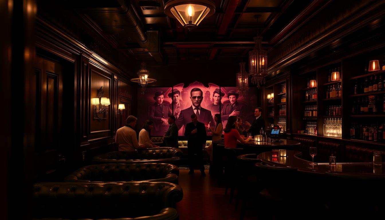 A dimly lit, intimate speakeasy tucked behind a hidden door, its interior exuding a moody, atmospheric ambiance. Plush leather seating, ornate light fixtures, and a stunning vintage-inspired bar set the scene. The middle ground features patrons immersed in conversation, cocktails in hand, while the background showcases a dramatic, thematic backdrop that transports guests to a bygone era. Soft, warm lighting casts a flattering glow, capturing the essence of this secretive, experiential nightlife destination. A dimly lit, intimate speakeasy tucked behind a hidden door, its interior exuding a moody, atmospheric ambiance. Plush leather seating, ornate light fixtures, and a stunning vintage-inspired bar set the scene. The middle ground features patrons immersed in conversation, cocktails in hand, while the background showcases a dramatic, thematic backdrop that transports guests to a bygone era. Soft, warm lighting casts a flattering glow, capturing the essence of this secretive, experiential nightlife destination.