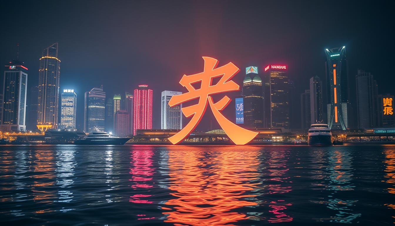 A dimly lit, neon-bathed night scene of the iconic "港" character, representing the iconic Victoria Harbour of Hong Kong. The character's angular, calligraphic form is silhouetted against a backdrop of shimmering skyscrapers, their windows aglow with warm, golden light. The reflections of the buildings and the character dance upon the still, inky waters of the harbor, creating a sense of tranquility and urban elegance. Soft, atmospheric lighting bathes the scene, evoking a mood of quiet contemplation and the allure of Hong Kong's vibrant nightlife. The composition emphasizes the harmony between the harbor's natural setting and the man-made marvels that line its shores.