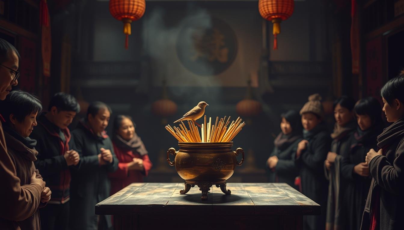 A dimly lit temple interior, the air thick with the scent of incense. In the center, a weathered wooden table holds a ornate brass urn, its lid open to reveal a collection of slender, bamboo sticks. A single sparrow, its feathers shimmering, perches atop the urn, its beak gently grasping a single stick. Around the table, a group of worshippers stand in reverent silence, awaiting the bird's divination. Soft, warm lighting casts gentle shadows, creating an atmosphere of mysticism and ancient tradition. The scene captures the essence of "Ling Xiao Zhan Bu", the centuries-old practice of bird oracle divination that is a cherished part of Hong Kong's Mong Kok night market culture. A dimly lit temple interior, the air thick with the scent of incense. In the center, a weathered wooden table holds a ornate brass urn, its lid open to reveal a collection of slender, bamboo sticks. A single sparrow, its feathers shimmering, perches atop the urn, its beak gently grasping a single stick. Around the table, a group of worshippers stand in reverent silence, awaiting the bird's divination. Soft, warm lighting casts gentle shadows, creating an atmosphere of mysticism and ancient tradition. The scene captures the essence of "Ling Xiao Zhan Bu", the centuries-old practice of bird oracle divination that is a cherished part of Hong Kong's Mong Kok night market culture.