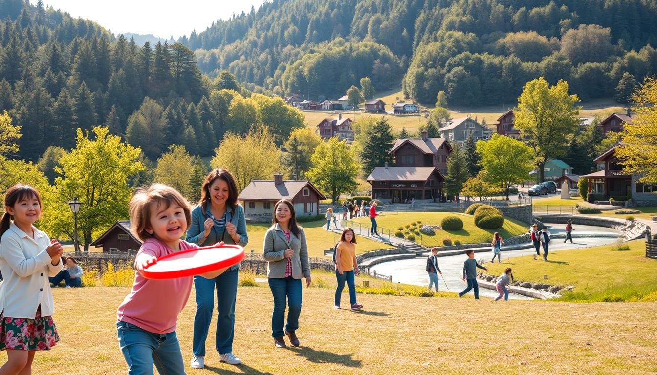 A family enjoying a vibrant outdoor adventure in the serene town of Karuizawa. In the foreground, a young child playfully tosses a frisbee as their parents cheer them on. The middle ground features a group of children engaged in a lively game of ice curling, their laughter echoing through the crisp mountain air. In the background, the lush, verdant landscape is punctuated by the iconic red-roofed buildings and a gently winding stream, creating a picturesque scene of a quintessential summer day in this idyllic Japanese resort town. Warm natural lighting filters through the trees, casting a golden glow over the entire tableau. The image exudes a sense of familial joy, outdoor adventure, and the relaxed, carefree atmosphere of a perfect summer vacation.