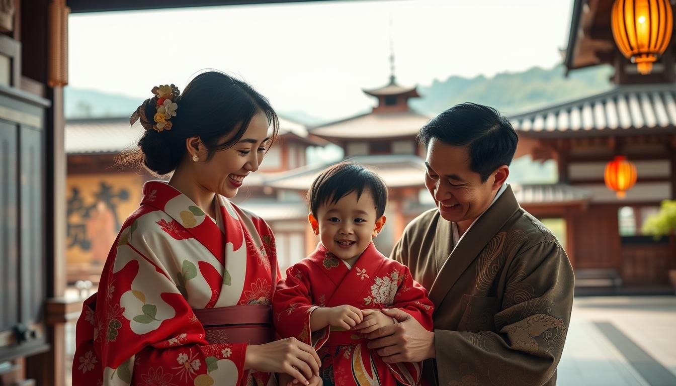 A family of three - a mother, father, and young child - engagingly interact in a traditional Japanese cultural setting. The warm, welcoming atmosphere is enhanced by soft natural lighting and a harmonious color palette of earthy tones. The foreground depicts the family members dressed in vibrant kimono, their expressions reflecting a sense of joy and wonder as they participate in a shared cultural experience. The middle ground showcases traditional Japanese art and architecture, transporting the viewer to a bygone era. The background gently fades into a tranquil landscape, creating a sense of peaceful immersion. The overall composition conveys the shared experiences and intergenerational connections that make up the rich tapestry of Japanese cultural heritage.