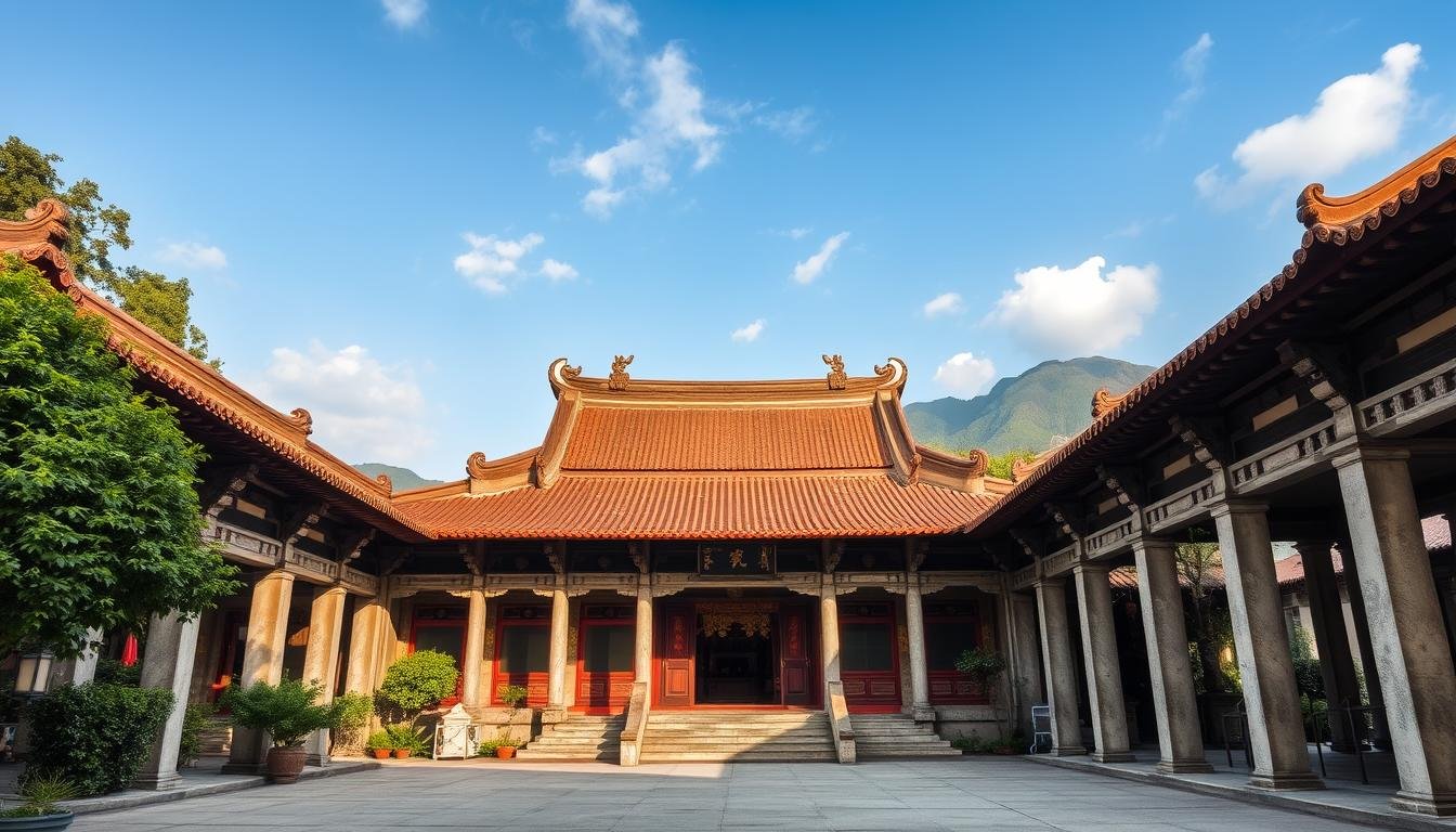 A grand and ancient temple nestled amidst lush greenery, the Tai O Tin Hau Temple stands as a magnificent testament to Chinese architectural heritage. Ornate roofs with elegant curved eaves and intricate carvings adorn the façade, while sunlight filters through the ornate windows, casting a warm, reverent glow upon the serene scene. Weathered stone columns support the temple's structure, their timeless grandeur evoking the rich history and enduring significance of this sacred site. In the foreground, a tranquil courtyard invites visitors to pause and soak in the peaceful atmosphere, while the distant mountains provide a majestic backdrop, enhancing the temple's harmonious integration with the natural landscape.