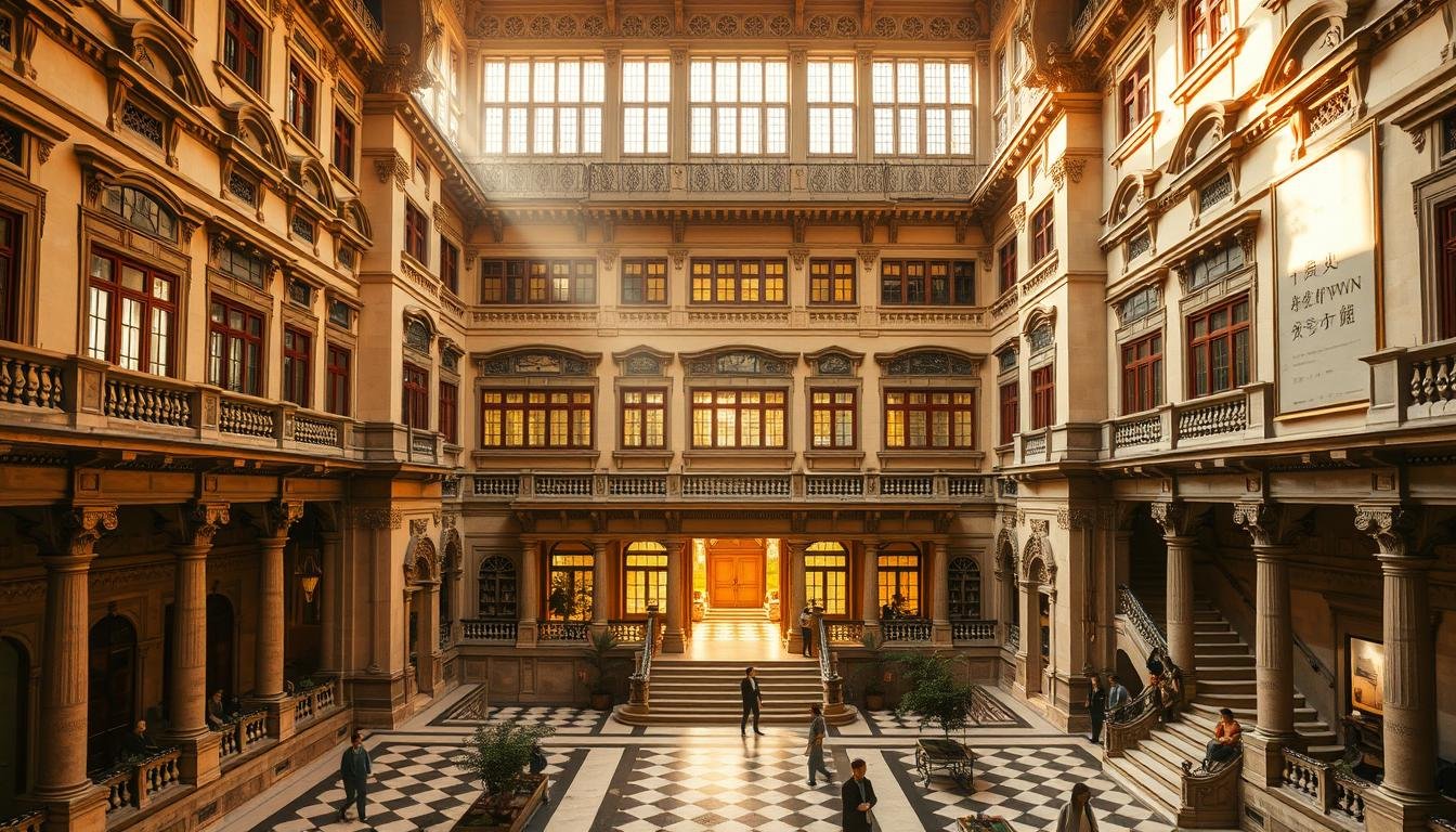 A grand classical-style building with ornate facades, intricate architectural details, and expansive courtyards that evoke the rich history and cultural significance of the "大館" (Tai Kwun) heritage site. Warm, golden sunlight filters through tall windows, casting a soft, inviting glow across the meticulously-restored interiors. Visitors explore the seamless blend of historical preservation and modern adaptive reuse, discovering hidden nooks, grand staircases, and expansive exhibition spaces that tell the story of Hong Kong's evolving artistic and architectural landscape. A sense of timeless elegance and reverence for the past permeates the scene, inviting viewers to immerse themselves in the captivating legacy of this iconic cultural landmark.