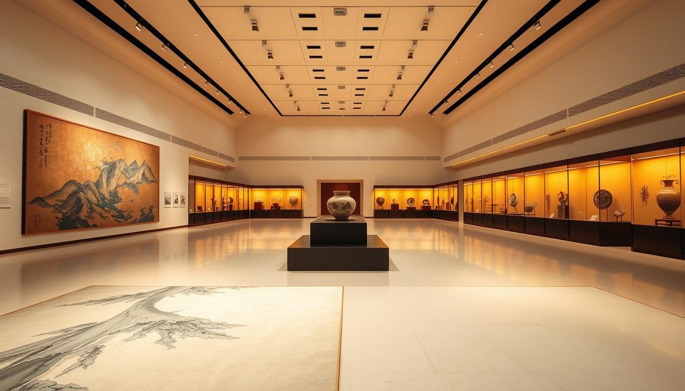 A grand exhibition hall with pristine white walls, dimly lit by warm, focused spotlights that cast a golden glow upon the treasured artworks. In the foreground, a magnificent ink painting of an ethereal landscape unfurls, its brushstrokes brimming with the essence of Japanese aesthetic. In the middle ground, a delicate ceramic vessel from the Momoyama period stands atop a dark wood plinth, its glazed surface reflecting the subtle lighting. The background is filled with rows of display cases, each showcasing a diverse array of National Treasures and Important Cultural Properties - meticulously preserved masterpieces that embody the rich artistic heritage of Japan. A grand exhibition hall with pristine white walls, dimly lit by warm, focused spotlights that cast a golden glow upon the treasured artworks. In the foreground, a magnificent ink painting of an ethereal landscape unfurls, its brushstrokes brimming with the essence of Japanese aesthetic. In the middle ground, a delicate ceramic vessel from the Momoyama period stands atop a dark wood plinth, its glazed surface reflecting the subtle lighting. The background is filled with rows of display cases, each showcasing a diverse array of National Treasures and Important Cultural Properties - meticulously preserved masterpieces that embody the rich artistic heritage of Japan.
