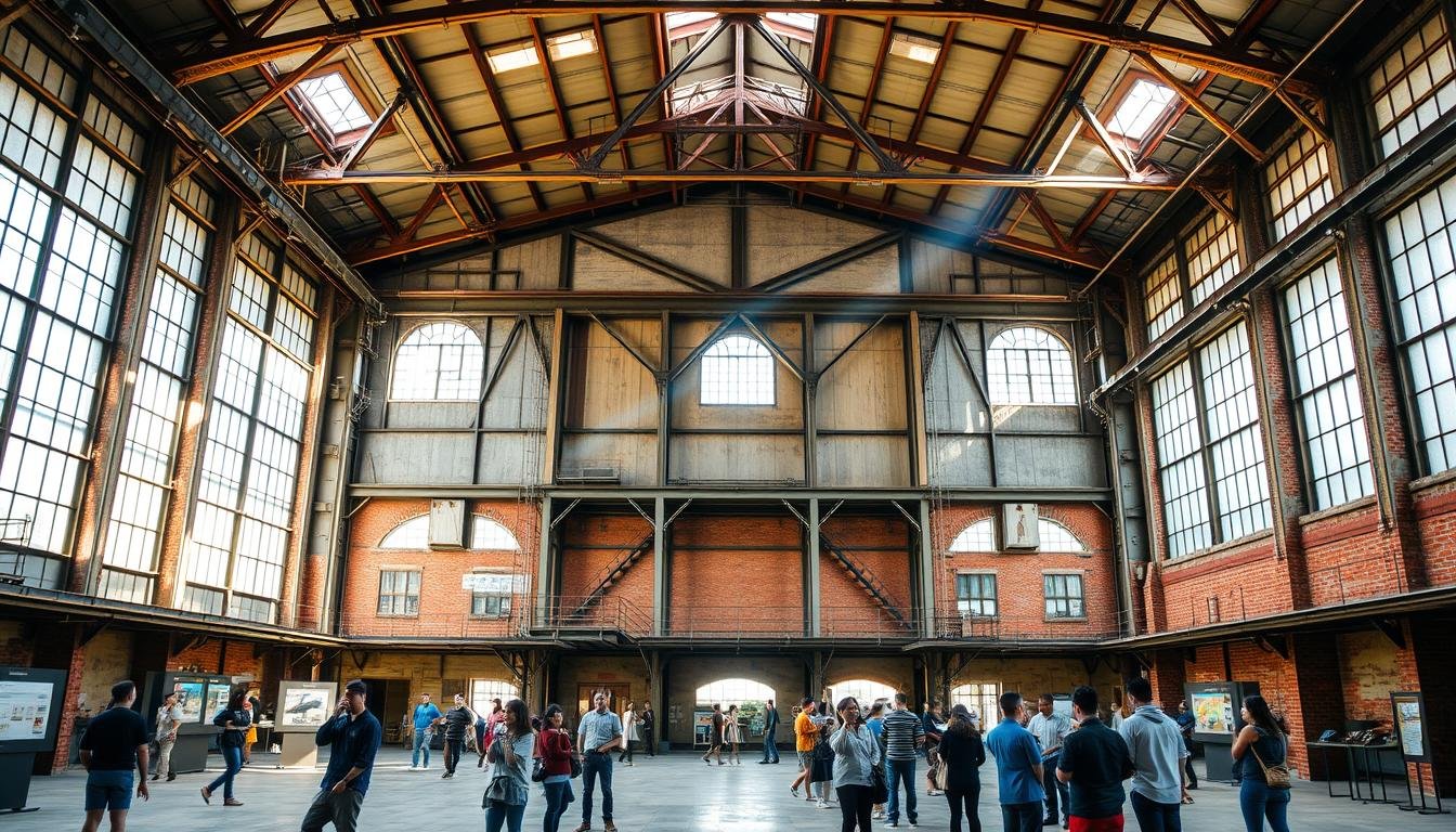 A grand industrial edifice stands tall, its weathered facade a testament to Taiwan's rich manufacturing heritage. Sunlight streams through expansive windows, illuminating the cavernous interior. Visitors explore the repurposed spaces, marveling at the interplay of modern and historic elements - steel beams, exposed brick, and lofty ceilings. Carefully curated displays showcase the site's industrial past, inviting deeper engagement with Taiwan's cultural legacy. A sense of discovery and preservation permeates the air, as the tour guides expertly weave the building's narrative, bringing the past to life. This comprehensive "工廈導覽" encapsulates the essence of Taiwan's industrial heritage, inspiring visitors to uncover the hidden treasures that lie within these architectural gems.