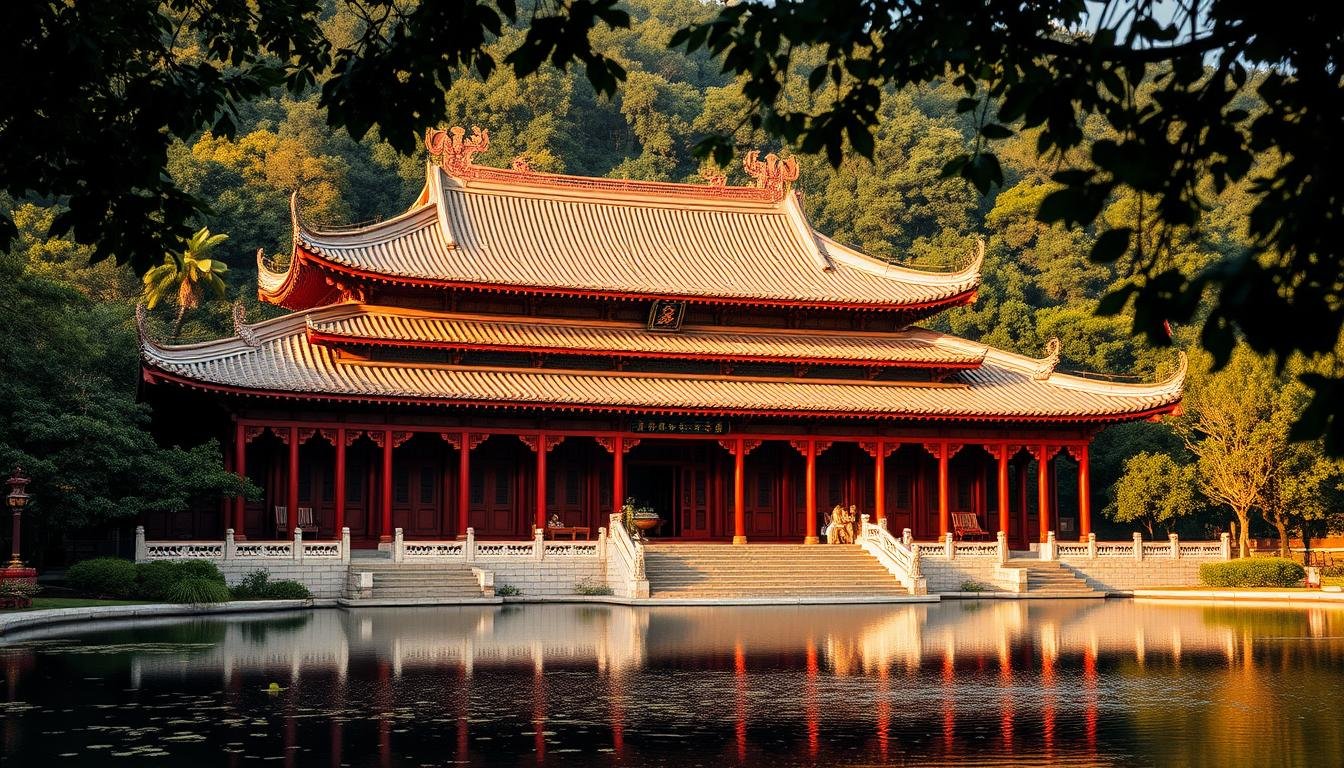 A grand, intricately designed cultural building with intricate architecture and ornate details. The structure is constructed in the classical Chinese style, featuring elegant curved roofs, intricate carvings, and vibrant colors. The building is set against a backdrop of lush greenery, with a serene pond reflecting its splendor. Soft, warm lighting illuminates the scene, creating a serene and contemplative atmosphere. The composition captures the essence of traditional Chinese aesthetics, blending harmoniously with the natural surroundings to create a visually stunning and culturally significant image.