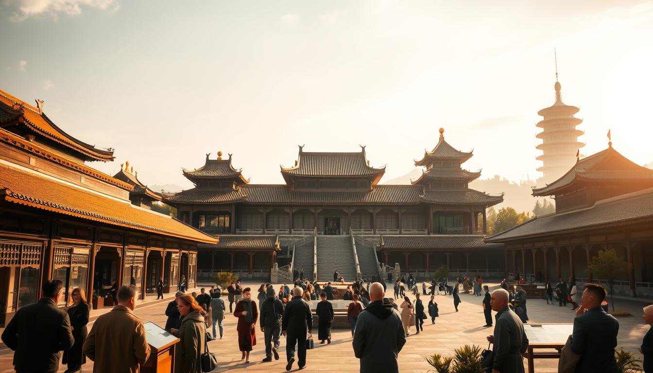 A grand, majestic palace situated amidst a serene landscape, its intricate roofs and ornate architecture reflecting the rich cultural heritage of ancient China. Sunlight filters through delicate latticed windows, casting warm, golden hues across the expansive courtyard. In the foreground, scholars and visitors reverently explore the museum's exhibits, their expressions one of deep contemplation and wonder. The middle ground features a harmonious blend of classical and contemporary elements, seamlessly integrating the old and the new. In the background, a towering pagoda rises, its silhouette standing as a timeless symbol of Chinese civilization. The scene evokes a sense of timelessness, where the past and present coexist in a captivating cultural tableau. A grand, majestic palace situated amidst a serene landscape, its intricate roofs and ornate architecture reflecting the rich cultural heritage of ancient China. Sunlight filters through delicate latticed windows, casting warm, golden hues across the expansive courtyard. In the foreground, scholars and visitors reverently explore the museum's exhibits, their expressions one of deep contemplation and wonder. The middle ground features a harmonious blend of classical and contemporary elements, seamlessly integrating the old and the new. In the background, a towering pagoda rises, its silhouette standing as a timeless symbol of Chinese civilization. The scene evokes a sense of timelessness, where the past and present coexist in a captivating cultural tableau.