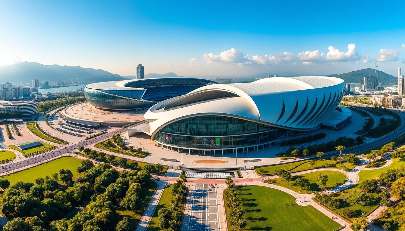 A grand panoramic view of the Kai Tak Sports Park, Hong Kong's largest sports complex. The sprawling scene depicts the main stadium, with its sleek, modern architecture and a shimmering glass facade reflecting the bright azure sky. In the foreground, the state-of-the-art multi-purpose sports hall stands tall, its dynamic curves and angular roofline creating an impressive silhouette. Surrounding the main facilities, lush green spaces, footpaths, and public plazas provide ample room for recreation and community gatherings. The composition is illuminated by warm, natural lighting, capturing the vibrant atmosphere and the park's integration with the urban landscape.