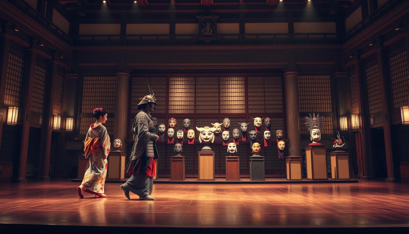 A grand performance stage in a traditional Japanese theater, illuminated by soft, warm lighting. In the foreground, a graceful geisha glides across the wooden floor, adorned in an exquisite kimono of vibrant hues and intricate patterns. Beside her, a samurai warrior stands tall, his armor gleaming under the stage lights. In the middle ground, an array of traditional Japanese masks and headdresses are displayed on elegant pedestals, representing the rich heritage of Noh and Kabuki theater. The background is filled with the architectural splendor of the theater itself, with ornate columns, latticed screens, and a sense of timeless elegance. The overall atmosphere is one of reverence, history, and the immersive experience of Japanese performing arts. A grand performance stage in a traditional Japanese theater, illuminated by soft, warm lighting. In the foreground, a graceful geisha glides across the wooden floor, adorned in an exquisite kimono of vibrant hues and intricate patterns. Beside her, a samurai warrior stands tall, his armor gleaming under the stage lights. In the middle ground, an array of traditional Japanese masks and headdresses are displayed on elegant pedestals, representing the rich heritage of Noh and Kabuki theater. The background is filled with the architectural splendor of the theater itself, with ornate columns, latticed screens, and a sense of timeless elegance. The overall atmosphere is one of reverence, history, and the immersive experience of Japanese performing arts.