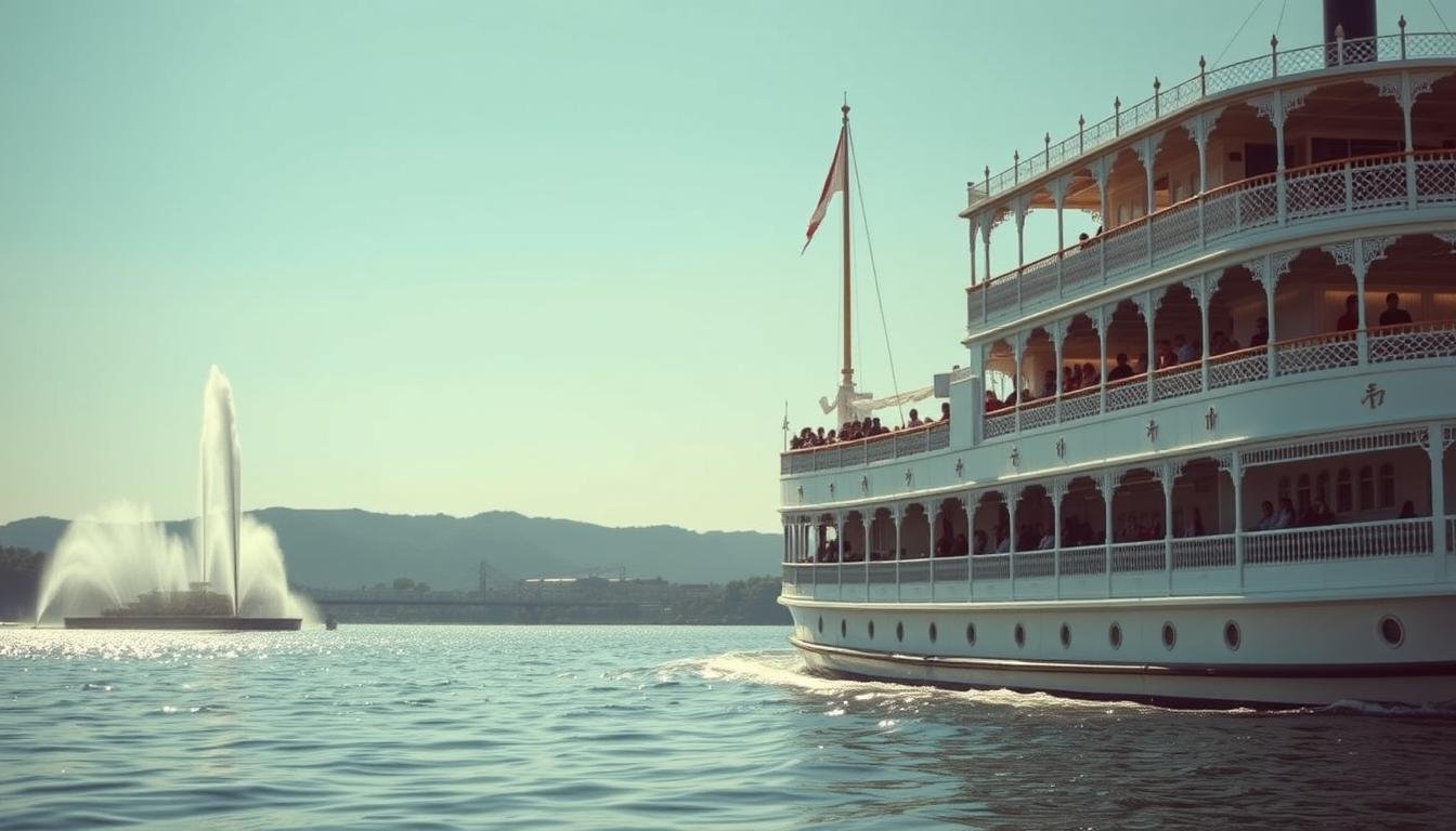 A grand white steamship, the "密西 根號," gracefully glides across the tranquil waters of Lake Biwa. Elegant and stately, its ornate design and gilded accents reflect the sunlight in a dazzling display. Passengers aboard the vessel enjoy a leisurely cruise, taking in the picturesque shoreline and the mesmerizing choreography of the lake's famous dancing fountains. The scene exudes a timeless elegance, transporting viewers to a bygone era of refined leisure and exploration. Soft, warm lighting casts a magical glow, complementing the serene atmosphere and the timeless allure of this iconic Lake Biwa experience.