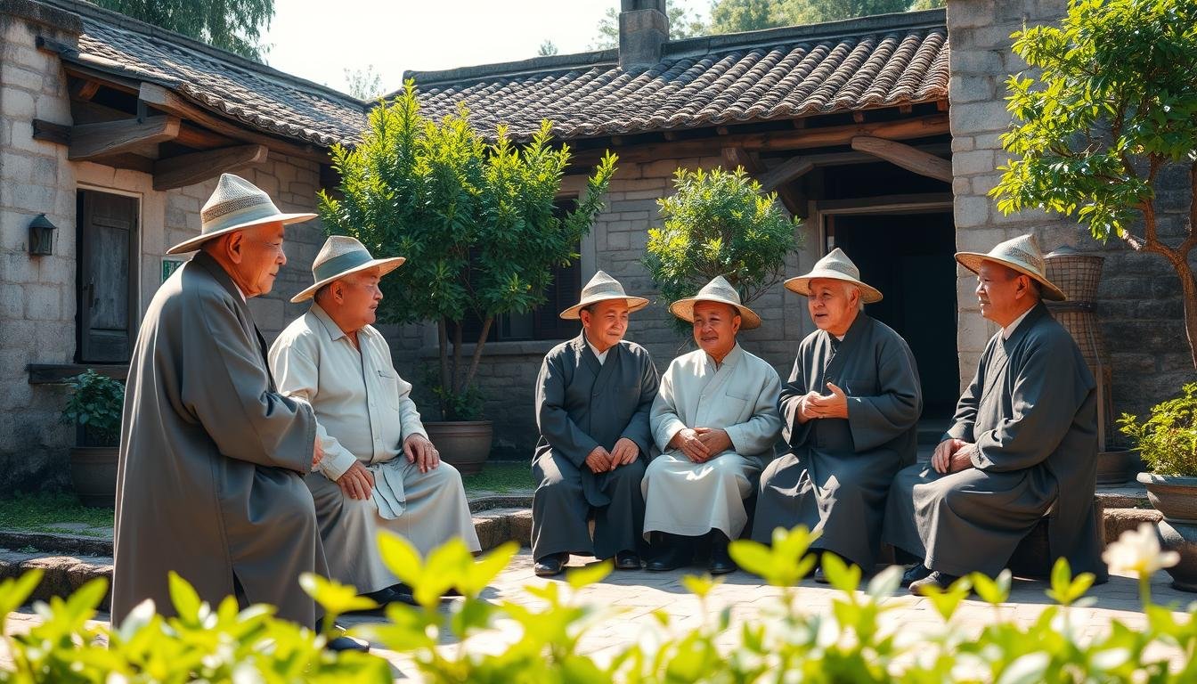 A group of traditional Chinese village elders, dressed in simple cotton robes and hats, gathered in a tranquil courtyard surrounded by ancient stone walls and tiled roofs. Warm sunlight filters through the lush greenery, casting gentle shadows across their weathered faces as they converse animatedly, their hands gesturing as they share stories of their vibrant community and the enduring cultural traditions that have been passed down for generations. The scene evokes a sense of timelessness and reverence for the rural way of life that is the heart of the salt fields' rich heritage.