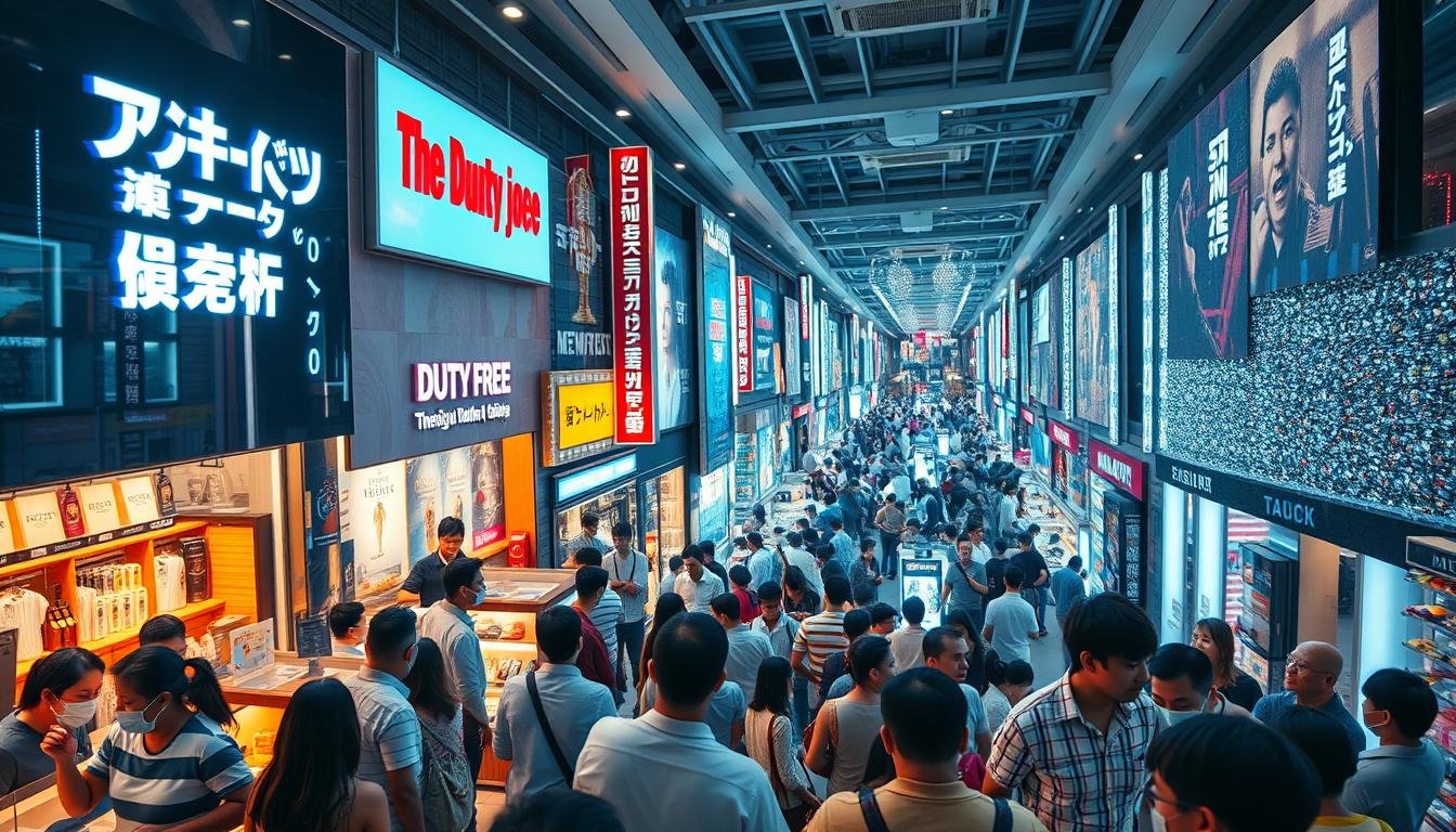 A high-angle, wide-angle shot of a bustling duty-free shopping complex, its façade adorned with neon signs and illuminated displays. In the foreground, clusters of tourists examine products, haggling with shopkeepers. In the middle ground, a salesperson gestures animatedly, employing persuasive tactics to lure customers. The background features a maze of aisles lined with glittering merchandise, creating a sense of overwhelming choice. The lighting is a mix of warm, inviting tones and harsh, clinical fluorescents, evoking the tension between allure and manipulation. The overall atmosphere is one of sensory overload, reflecting the complex dynamics of the "shopping talk" experience.