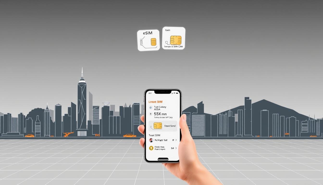 A high-contrast digital illustration showcasing Hong Kong's eSIM and SIM card options. In the foreground, a stylized Hong Kong skyline with iconic skyscrapers and landmarks. Floating above are two cellular network icons, one representing eSIM and the other a traditional SIM card. The middle ground features a hand holding a smartphone, with a transparent overlay displaying connectivity options and data plan details. The background has a subtle grid pattern, conveying the technological nature of the subject. The color palette is a sophisticated blend of Hong Kong's iconic neon lights and modern, muted tones. The overall aesthetic is sleek, informative, and captures the convenience and flexibility of mobile connectivity in the vibrant city.