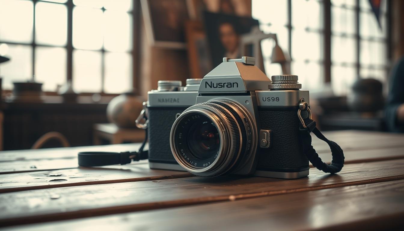 A high-end vintage camera from the 1980s, reminiscent of those used by famous photographers and celebrities. The camera rests on a weathered wooden table, its sleek metal body and intricate dials catching the soft, diffused light streaming in from a nearby window. The camera's distinct silhouette and retro-inspired design evoke a sense of nostalgia and timeless style, perfectly complementing the eclectic atmosphere of an old-world flea market. The scene exudes a warm, inviting ambiance, inviting the viewer to imagine the stories and memories this camera has captured over the years.