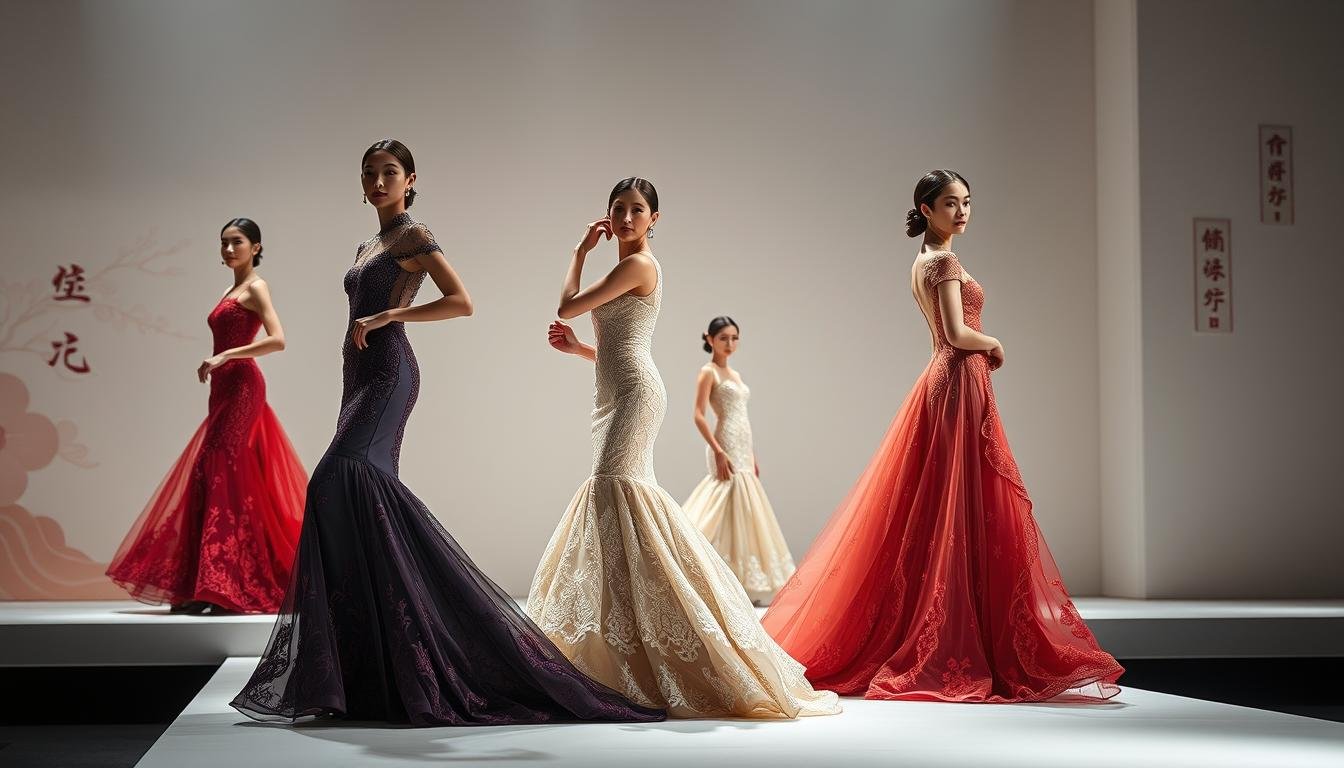 A high-fashion haute couture runway with elegant evening gowns designed by renowned Hong Kong fashion designer Guo Pei. The models strike graceful poses on a sleek, minimalist stage under soft, dramatic lighting. The garments feature intricate embroidery, delicate lace, and opulent fabrics in a rich color palette of jewel tones. In the background, Chinese cultural motifs and symbols are subtly woven into the design, creating a fusion of modern fashion and traditional aesthetics. The scene exudes sophistication, artistry, and a sense of timeless elegance, reflecting the creative intersection of fashion, culture, and the contemporary art world. A high-fashion haute couture runway with elegant evening gowns designed by renowned Hong Kong fashion designer Guo Pei. The models strike graceful poses on a sleek, minimalist stage under soft, dramatic lighting. The garments feature intricate embroidery, delicate lace, and opulent fabrics in a rich color palette of jewel tones. In the background, Chinese cultural motifs and symbols are subtly woven into the design, creating a fusion of modern fashion and traditional aesthetics. The scene exudes sophistication, artistry, and a sense of timeless elegance, reflecting the creative intersection of fashion, culture, and the contemporary art world.