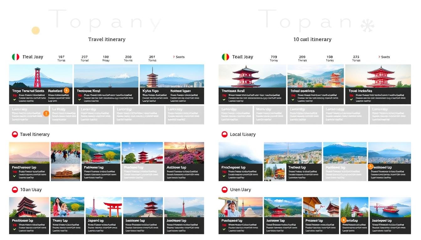 A high-resolution, detailed image of a 7-day and 10-day Japan travel itinerary template. The template is presented on a clean, minimalist background, with a grid layout showcasing the daily activities and landmarks for each day. The design is sleek, modern, and easy to read, using a neutral color palette with pops of vibrant colors to highlight key information. The itinerary covers popular tourist destinations such as Tokyo, Kyoto, and Osaka, with a mix of cultural sites, scenic landscapes, and local experiences. The overall mood is organized, informative, and visually appealing, serving as a practical and inspiring guide for first-time Japan travelers.