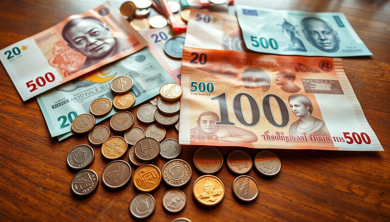 A high-resolution, wide-angle photograph of various Thai baht banknotes and coins artfully arranged on a wooden surface. The bills are crisp and vibrant, displaying different denominations including 20, 50, 100, and 500 baht notes. The coins are scattered around, reflecting the warm light and creating a sense of depth. The overall composition is balanced and visually appealing, capturing the essence of Thai currency and the importance of proper tipping for group tours. The image conveys a mood of travel, culture, and financial planning. A high-resolution, wide-angle photograph of various Thai baht banknotes and coins artfully arranged on a wooden surface. The bills are crisp and vibrant, displaying different denominations including 20, 50, 100, and 500 baht notes. The coins are scattered around, reflecting the warm light and creating a sense of depth. The overall composition is balanced and visually appealing, capturing the essence of Thai currency and the importance of proper tipping for group tours. The image conveys a mood of travel, culture, and financial planning.