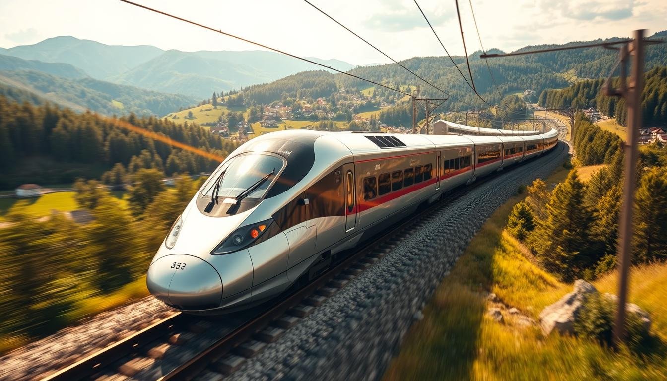A high-speed Hokuriku Shinkansen train gliding through the scenic countryside, its sleek silver body reflecting the sunlight. The train appears to be in motion, with a sense of dynamic energy and efficient movement. The landscape in the background features rolling hills, lush forests, and picturesque villages, creating a serene and idyllic backdrop. The composition emphasizes the train's centrality, framed by the natural surroundings to highlight its role as a vital transportation link. The lighting is natural and warm, casting a golden glow over the scene, conveying a sense of comfort and ease. The perspective is slightly elevated, allowing the viewer to appreciate the scale and grandeur of the Shinkansen system.