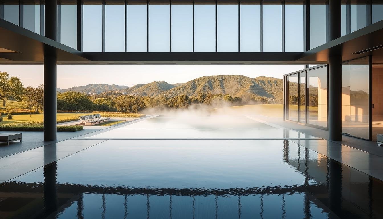 A lavish, serene oasis nestled in the outskirts of Seoul, AQUAFIELD 高陽invites visitors to immerse themselves in a tranquil, holistic wellness experience. Capture the elegant architecture framed by lush, manicured gardens, reflecting pools, and verdant hills in the distance. Witness the play of light and shadow as the sun's rays filter through the expansive glass walls, casting a warm, soothing glow over the indoor thermal pools and sauna suites. Feel the calming ambiance as you envision yourself sinking into the steaming waters, surrounded by the serene, minimalist design and the gentle hush of nature. Convey a sense of rejuvenation and escape from the bustling city, transporting the viewer to this luxurious, restorative oasis. A lavish, serene oasis nestled in the outskirts of Seoul, AQUAFIELD 高陽invites visitors to immerse themselves in a tranquil, holistic wellness experience. Capture the elegant architecture framed by lush, manicured gardens, reflecting pools, and verdant hills in the distance. Witness the play of light and shadow as the sun's rays filter through the expansive glass walls, casting a warm, soothing glow over the indoor thermal pools and sauna suites. Feel the calming ambiance as you envision yourself sinking into the steaming waters, surrounded by the serene, minimalist design and the gentle hush of nature. Convey a sense of rejuvenation and escape from the bustling city, transporting the viewer to this luxurious, restorative oasis.
