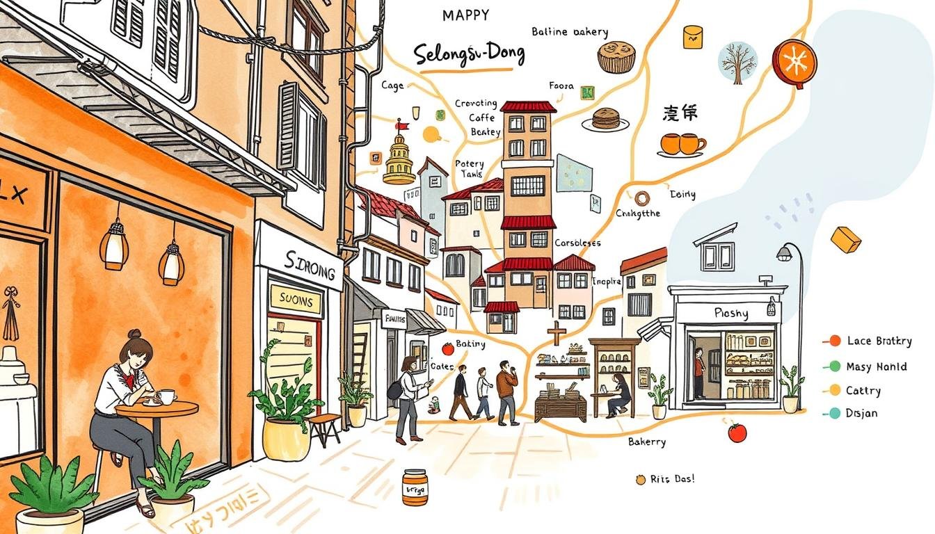 A lively, hand-drawn map of the charming Seongsu-dong neighborhood in Seoul, highlighting the vibrant cafe, bakery, and design spaces perfect for a leisurely stroll. Warm tones of terracotta and ochre set the cozy, artisanal atmosphere, with delicate watercolor illustrations of quaint storefronts, winding alleyways, and locals sipping coffee. Sketched icons and playful typography guide the viewer through this design-forward district, showcasing the unique blend of traditional and modern that defines the Seongsu-dong experience. Captured with a vintage, analog aesthetic to evoke the neighborhood's inviting, community-driven spirit.
