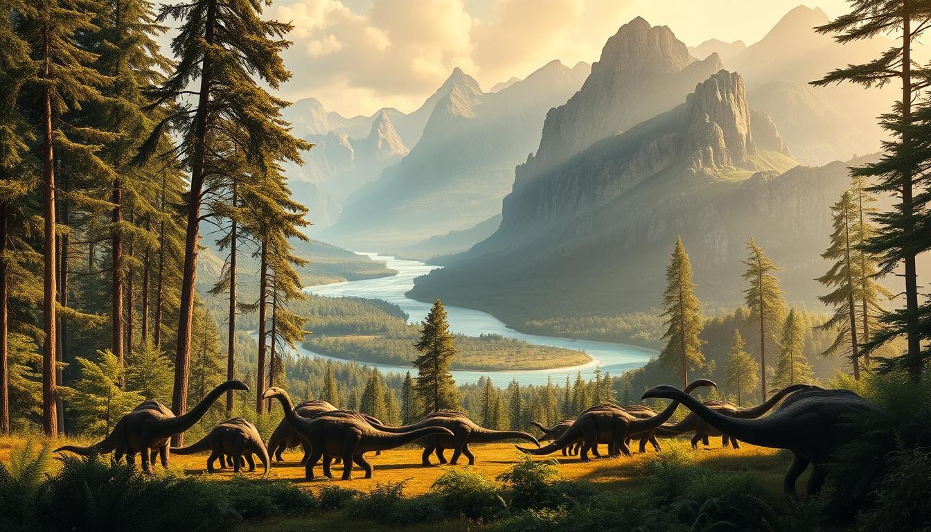 A lush, prehistoric landscape with towering conifers and ferns. In the foreground, a herd of majestic, long-necked sauropod dinosaurs grazes peacefully, their massive bodies casting dramatic shadows on the forest floor. The middle ground reveals a winding river with crystalline waters, flanked by verdant vegetation. In the background, rugged, craggy mountains rise up, their peaks shrouded in a mist that imbues the scene with a sense of mystery and timelessness. The lighting is soft and diffused, creating a warm, golden glow that envelops the entire tableau. The overall mood is one of serene tranquility, transporting the viewer to a lost world where prehistoric life once thrived. A lush, prehistoric landscape with towering conifers and ferns. In the foreground, a herd of majestic, long-necked sauropod dinosaurs grazes peacefully, their massive bodies casting dramatic shadows on the forest floor. The middle ground reveals a winding river with crystalline waters, flanked by verdant vegetation. In the background, rugged, craggy mountains rise up, their peaks shrouded in a mist that imbues the scene with a sense of mystery and timelessness. The lighting is soft and diffused, creating a warm, golden glow that envelops the entire tableau. The overall mood is one of serene tranquility, transporting the viewer to a lost world where prehistoric life once thrived.