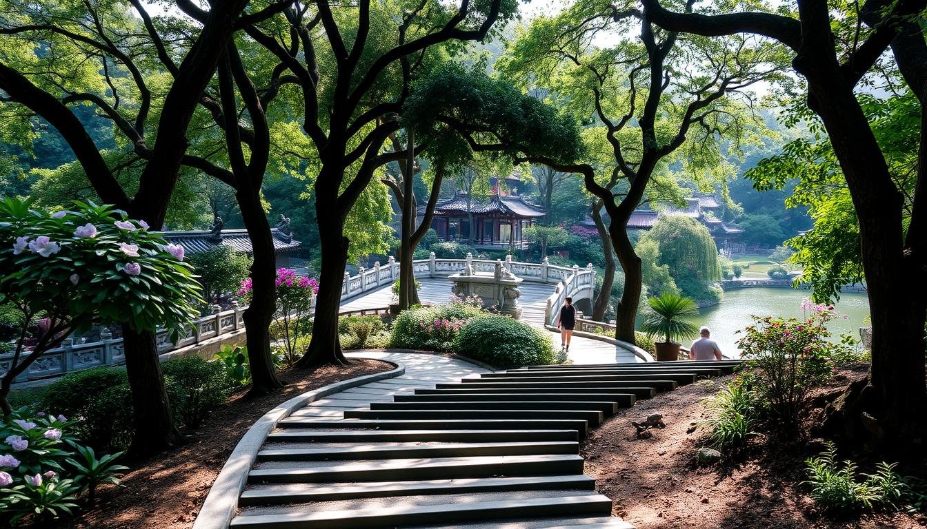 A lush, serene garden path winds through a tranquil landscape at the Jih Lien Monastery and Nan Lian Garden in Hong Kong. Towering trees and blooming flora line the walkway, casting soft, dappled light. Smooth stone steps lead visitors on a leisurely circuit, offering glimpses of ornate pavilions, elegant bridges, and a shimmering pond. The scene exudes a sense of harmony and contemplation, inviting the viewer to immerse themselves in the beauty of this exquisite urban oasis. A lush, serene garden path winds through a tranquil landscape at the Jih Lien Monastery and Nan Lian Garden in Hong Kong. Towering trees and blooming flora line the walkway, casting soft, dappled light. Smooth stone steps lead visitors on a leisurely circuit, offering glimpses of ornate pavilions, elegant bridges, and a shimmering pond. The scene exudes a sense of harmony and contemplation, inviting the viewer to immerse themselves in the beauty of this exquisite urban oasis.