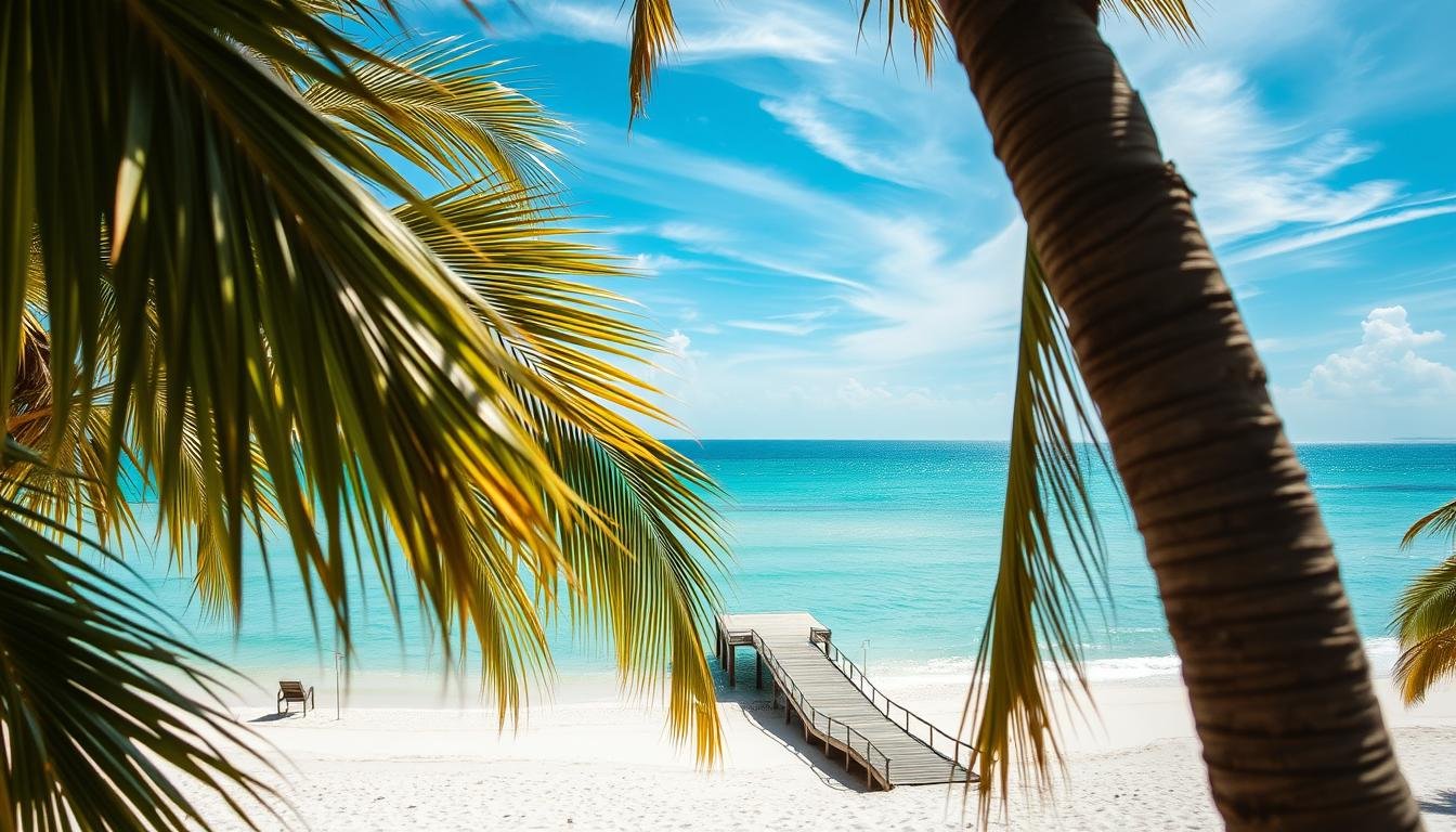 A lush, sun-dappled scene of a tropical beach in Thailand's Hua Hin region. In the foreground, palm fronds sway gently in a warm breeze, casting intricate shadows on the pristine white sand. The tranquil turquoise waters of the Gulf of Thailand stretch out towards the horizon, where wispy clouds dot a brilliant azure sky. In the middle ground, a picturesque wooden pier juts out into the surf, inviting visitors to stroll and take in the breathtaking vistas. The overall atmosphere is one of serene, idyllic tranquility, conveying the perfect weather and ideal seasonal conditions for a relaxing vacation in this tropical paradise.