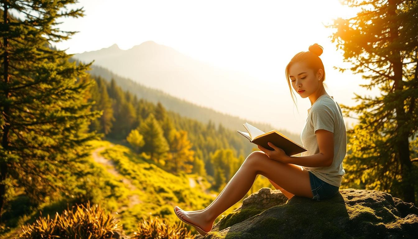 A lush, tranquil landscape bathed in warm, golden afternoon light. In the foreground, a young woman sits comfortably on a moss-covered rock, engrossed in a book. Her expression is serene, embodying the effortless enjoyment of the moment. The middle ground reveals a winding path leading through a verdant forest, inviting the viewer to explore. In the distance, a majestic, snow-capped mountain range stands tall, its peaks piercing the cloudless sky. The overall atmosphere conveys a sense of harmony, where time seems to slow down, allowing for a peaceful, unhurried experience of the natural beauty surrounding the scene.