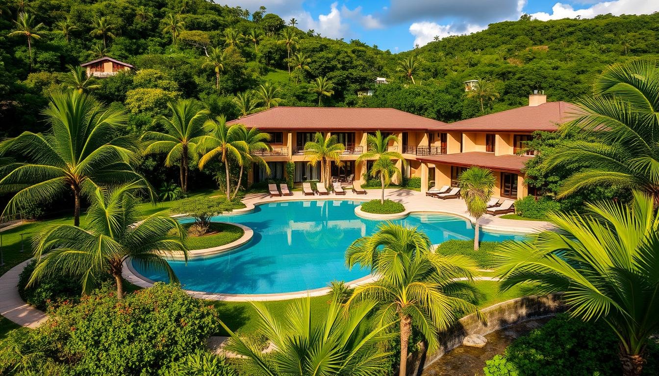 A lush, tropical resort nestled amidst the verdant hills of Okinawa's Ishigaki Island. The main building, a modern fusion of traditional Okinawan architecture and sleek, contemporary design, stands as the centerpiece, its elegant lines and warm, earthy tones blending seamlessly with the surrounding landscape. Guests can relax in the inviting outdoor pool, surrounded by swaying palm trees and the gentle sounds of a nearby stream. The spacious, well-appointed guest rooms offer stunning views of the crystal-clear waters of the East China Sea, their private balconies providing the perfect vantage point to witness the region's stunning sunsets. Throughout the resort, thoughtful amenities and attentive service ensure a truly immersive and memorable experience for all who visit.