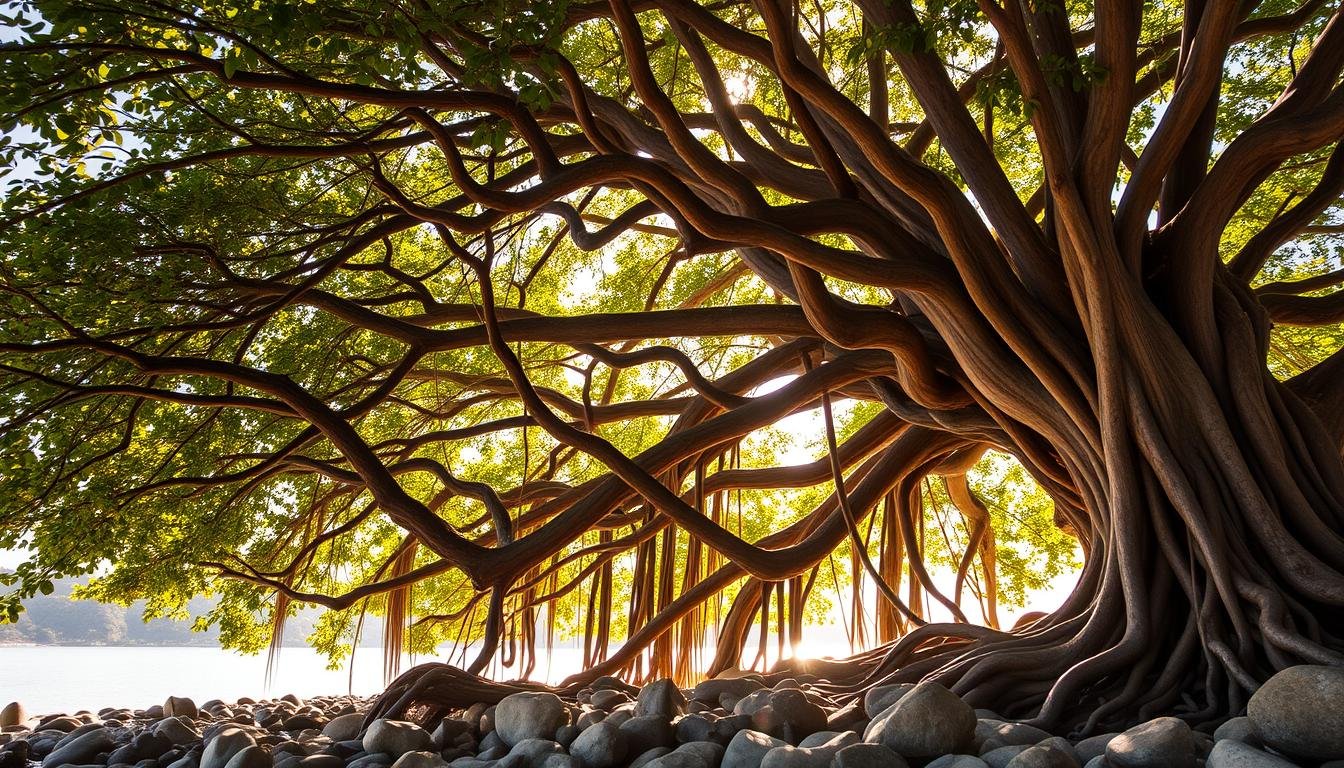 A lush, verdant canopy of a centuries-old banyan tree (Ficus microcarpa) casting dappled shadows across a serene, rocky shoreline in Luk Chau Bay, Lamma Island, Hong Kong. The gnarled, twisting aerial roots of the banyan descend from the thick, weathered branches, creating an intricate, natural web that invites exploration. Warm, golden sunlight filters through the foliage, illuminating the varied textures of the scene - the smooth, sun-baked stones, the rough bark of the tree, the delicate leaves rustling in the gentle breeze. The tranquil, contemplative atmosphere evokes a sense of connection to the island's natural beauty and ancient heritage.