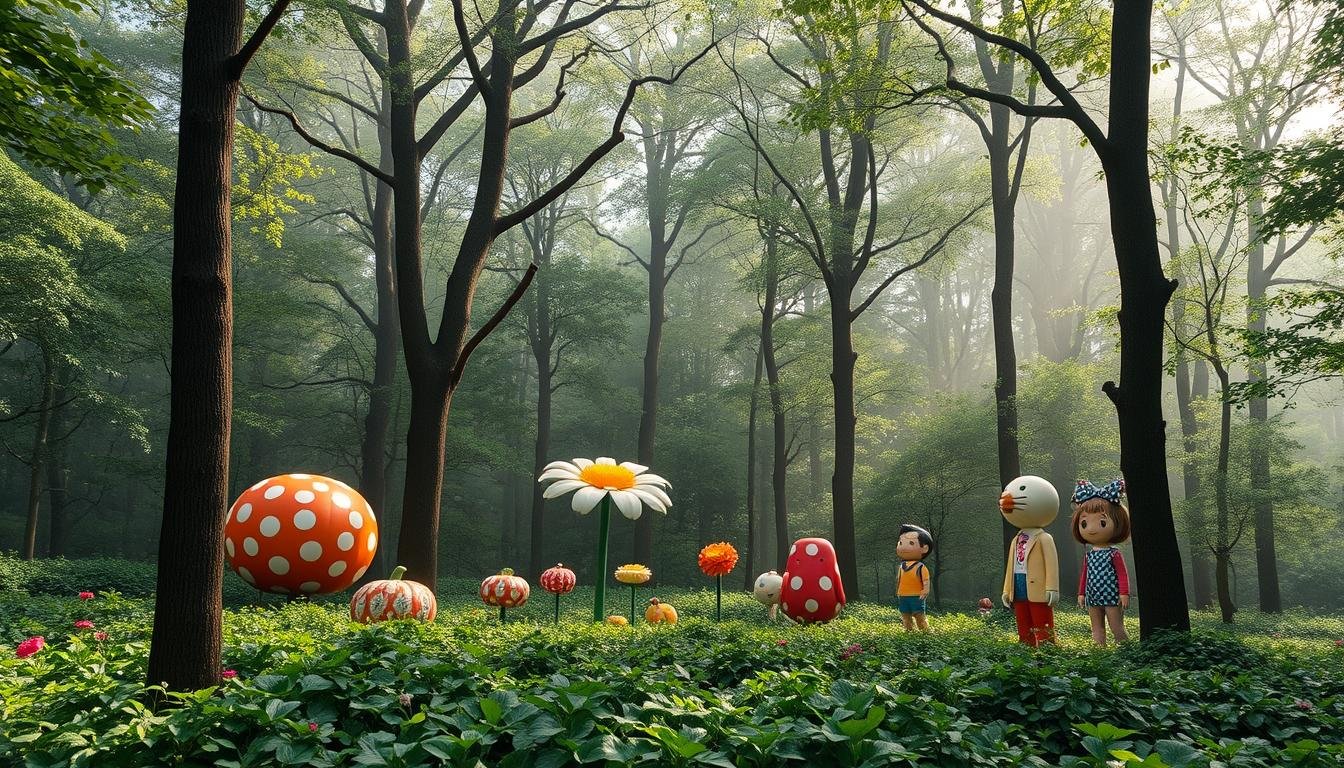 A lush, verdant forest bathed in soft, diffused natural light. In the middle ground, a series of whimsical, larger-than-life sculptures emerge from the undergrowth - the iconic polka-dotted pumpkins and flowers of Yayoi Kusama, alongside the vibrant, cartoonish figures of Takashi Murakami. The trees in the background are shrouded in a gentle, ethereal mist, creating a sense of tranquility and wonder. The composition is balanced, with the sculptures commanding attention while the forest setting provides a serene, immersive backdrop. The overall atmosphere is one of contemplation, where the boundaries between nature, art, and the human imagination blur.