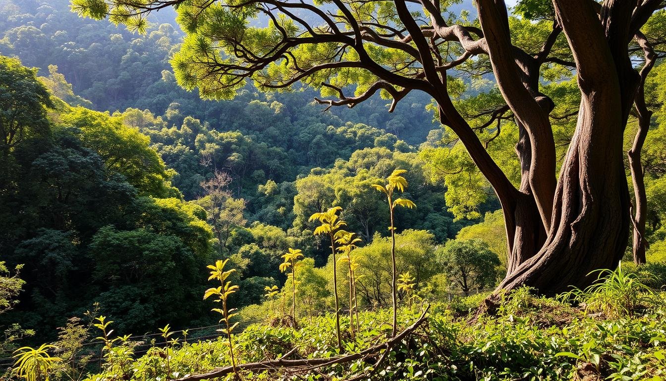 A lush, verdant forest canopy stretches across the rolling hills of Shek O Country Park. Sunlight filters through the dense foliage, casting a warm, golden glow upon the diverse array of native flora. In the foreground, young saplings and undergrowth flourish, evidence of the park's ongoing forest restoration efforts. Towering trees with twisted, weathered trunks stand as sentinels, their branches reaching skyward. A sense of tranquility and ecological harmony pervades the scene, reflecting the delicate balance between human stewardship and natural regeneration. The image conveys the beauty and importance of preserving Hong Kong's precious land habitats for future generations. A lush, verdant forest canopy stretches across the rolling hills of Shek O Country Park. Sunlight filters through the dense foliage, casting a warm, golden glow upon the diverse array of native flora. In the foreground, young saplings and undergrowth flourish, evidence of the park's ongoing forest restoration efforts. Towering trees with twisted, weathered trunks stand as sentinels, their branches reaching skyward. A sense of tranquility and ecological harmony pervades the scene, reflecting the delicate balance between human stewardship and natural regeneration. The image conveys the beauty and importance of preserving Hong Kong's precious land habitats for future generations.