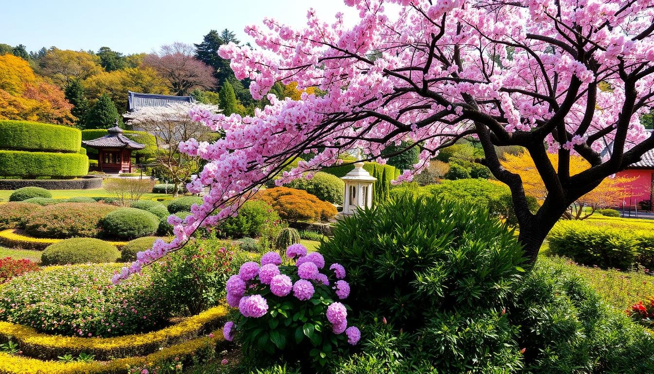 A lush, verdant garden in Okayama, Japan, where the four seasons shine with vibrant beauty. In spring, the delicate pink sakura blossoms flutter gently in the breeze, creating a serene and enchanting atmosphere. Warm summer days see the garden burst with colorful flowers, their petals swaying gracefully. As autumn arrives, the foliage transforms into a captivating display of golden hues, painting the landscape with a warm, cozy glow. In winter, the garden is blanketed in a soft, pristine layer of snow, offering a tranquil and peaceful respite from the chill. Capture the essence of Okayama Korakuen's seasonal highlights through a lens that celebrates the park's natural splendor in all its glory.