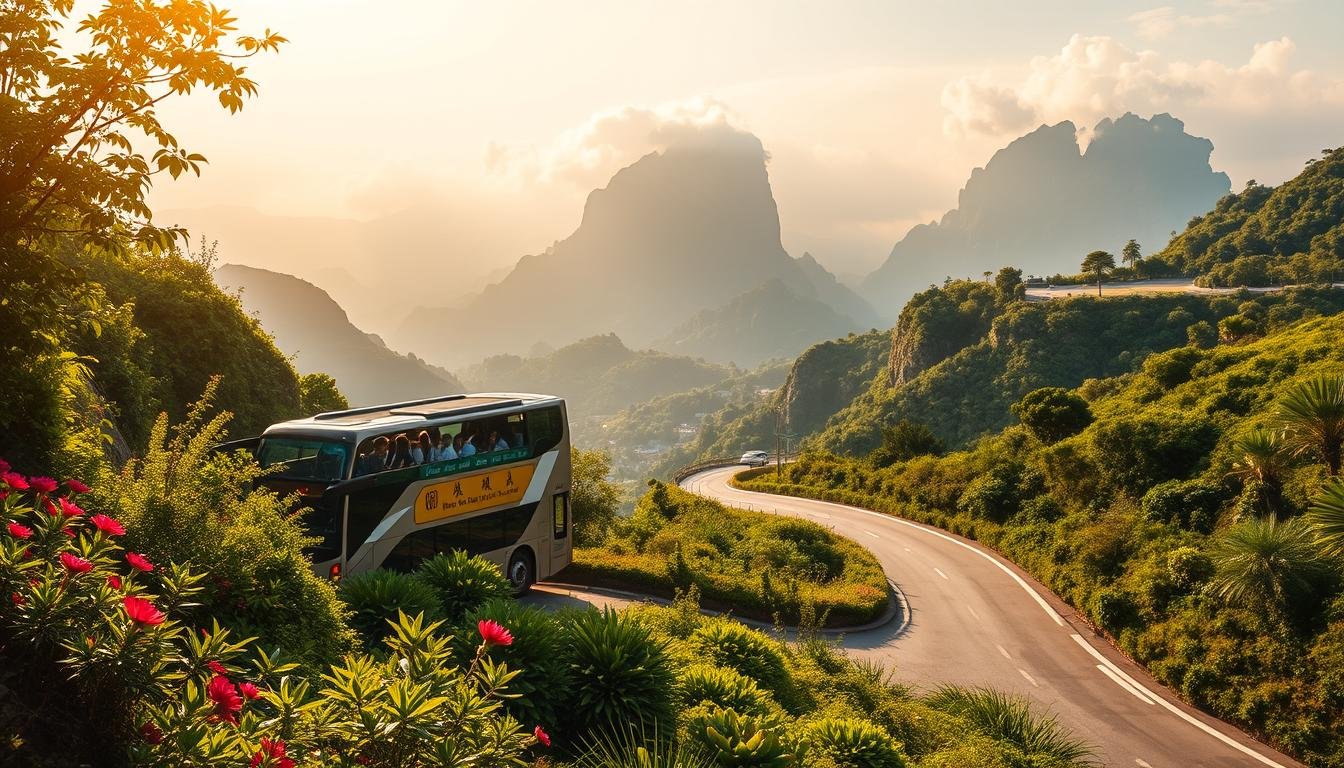 A lush, verdant landscape unfolds as a winding road leads from the bustling town of Tung Chung towards the charming Tai O fishing village. In the foreground, a modern double-decker bus navigates the twisting route, its passengers eagerly anticipating the scenic journey ahead. Towering mountains rise in the distance, their peaks shrouded in wispy clouds that cast a soft, ethereal glow over the scene. Lush vegetation flanks the road, with vibrant flora and fauna adding pops of color to the serene setting. The warm, golden light of the sun filters through the atmosphere, creating a picturesque and inviting atmosphere that beckons the viewer to embark on this unique transportation experience. A lush, verdant landscape unfolds as a winding road leads from the bustling town of Tung Chung towards the charming Tai O fishing village. In the foreground, a modern double-decker bus navigates the twisting route, its passengers eagerly anticipating the scenic journey ahead. Towering mountains rise in the distance, their peaks shrouded in wispy clouds that cast a soft, ethereal glow over the scene. Lush vegetation flanks the road, with vibrant flora and fauna adding pops of color to the serene setting. The warm, golden light of the sun filters through the atmosphere, creating a picturesque and inviting atmosphere that beckons the viewer to embark on this unique transportation experience.