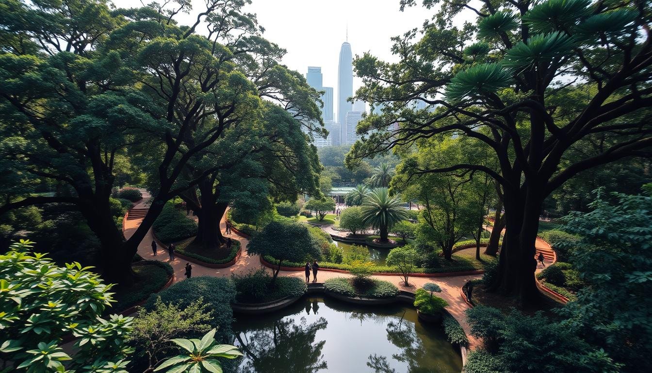 A lush, verdant public garden nestled in the heart of Hong Kong, with towering trees casting dappled shadows across winding paths. In the foreground, a tranquil pond reflects the surrounding foliage, while in the middle ground, visitors stroll leisurely, taking in the natural beauty. The background features the iconic Hong Kong skyline, a dramatic contrast of modern architecture and the serene, verdant oasis. The scene is bathed in warm, diffused lighting, captured with a wide-angle lens to showcase the expansive, immersive landscape. An atmosphere of peaceful exploration and appreciation for the city's natural wonders pervades the image. A lush, verdant public garden nestled in the heart of Hong Kong, with towering trees casting dappled shadows across winding paths. In the foreground, a tranquil pond reflects the surrounding foliage, while in the middle ground, visitors stroll leisurely, taking in the natural beauty. The background features the iconic Hong Kong skyline, a dramatic contrast of modern architecture and the serene, verdant oasis. The scene is bathed in warm, diffused lighting, captured with a wide-angle lens to showcase the expansive, immersive landscape. An atmosphere of peaceful exploration and appreciation for the city's natural wonders pervades the image.