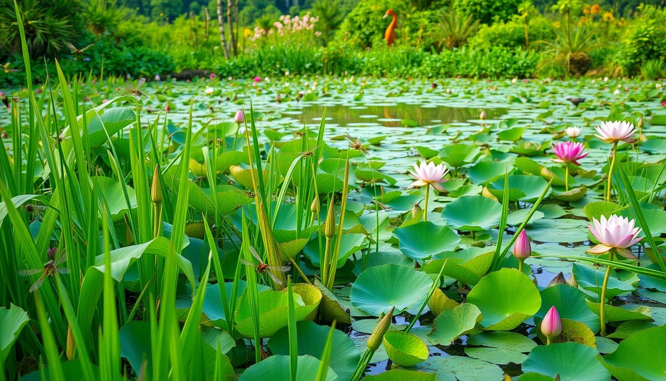 A lush, vibrant wetland teeming with diverse life. In the foreground, a mosaic of aquatic plants - lotus leaves, reeds, and floating lilies - sway gently in the current. Dragonflies dart between the verdant stems, their iridescent wings glimmering in the soft, diffused light. In the middle ground, a small pond is dotted with the colorful blooms of water chestnuts and lotus flowers, their petals unfurling towards the sun. Beyond, a thicket of trees and shrubs provide shelter for a variety of waterfowl and songbirds, their calls echoing across the serene landscape. The scene is bathed in a warm, golden glow, capturing the natural beauty and ecological richness of this precious wetland habitat.