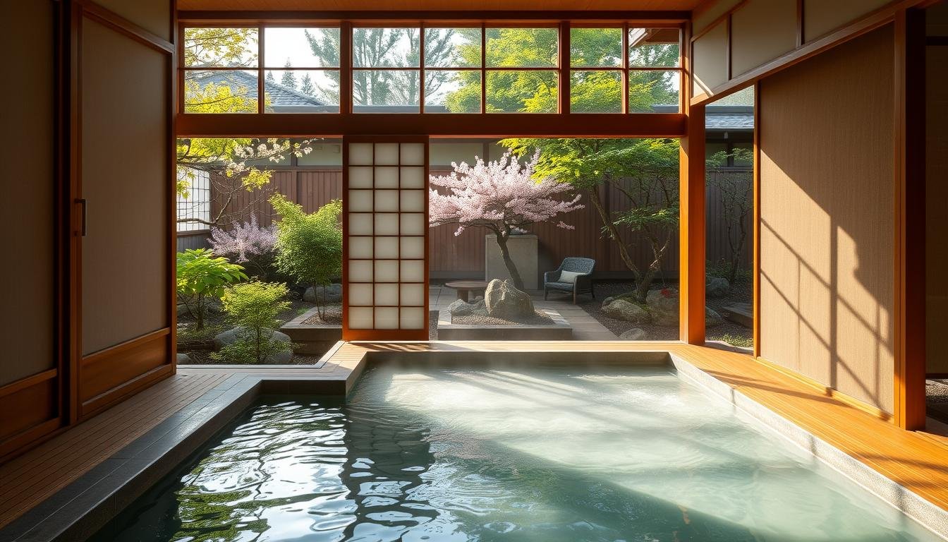 A luxurious Japanese-style onsen suite nestled in a serene garden oasis. The ROKU KYOTO Onsen Garden Room Twin features a minimalist, zen-inspired design with warm wood tones, clean lines, and natural textures. Soft lighting filters through shoji screens, casting a gentle glow over the private onsen bath and surrounding foliage. Guests can soak in the steaming hot spring waters while gazing out at the meticulously manicured garden, filled with vibrant greenery and delicate cherry blossoms. An atmosphere of tranquility and refined elegance, perfect for an indulgent, high-end travel experience.