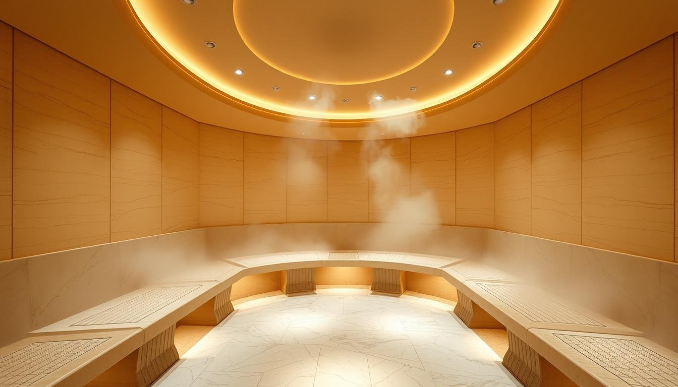 A luxurious and serene steam room interior, bathed in warm, diffused lighting. Smooth, marble-like walls and floors create a calming, spa-like ambiance. Elegant, curved benches line the perimeter, inviting guests to recline and unwind. Soft, billowing steam gently fills the space, creating an immersive, soothing atmosphere. Overhead, a domed ceiling with subtle lighting fixtures adds a touch of sophistication. The room exudes a sense of high-end, contemporary design, perfectly suited for a premium wellness facility in the heart of Seoul's Myeongdong district. A luxurious and serene steam room interior, bathed in warm, diffused lighting. Smooth, marble-like walls and floors create a calming, spa-like ambiance. Elegant, curved benches line the perimeter, inviting guests to recline and unwind. Soft, billowing steam gently fills the space, creating an immersive, soothing atmosphere. Overhead, a domed ceiling with subtle lighting fixtures adds a touch of sophistication. The room exudes a sense of high-end, contemporary design, perfectly suited for a premium wellness facility in the heart of Seoul's Myeongdong district.