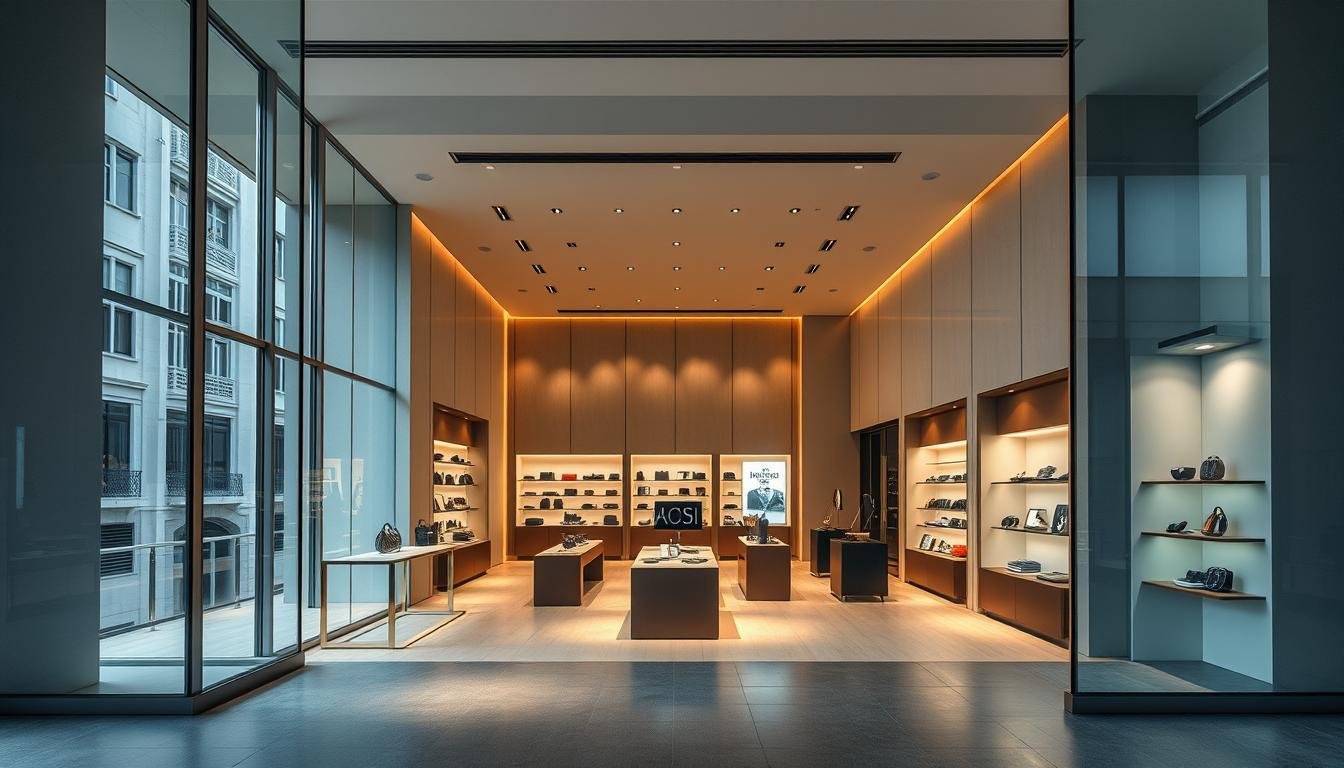 A luxurious flagship store in a modern, minimalist design, with clean lines and a sense of openness. The storefront features floor-to-ceiling windows that let in abundant natural light, creating a warm and inviting atmosphere. Inside, a sleek and sophisticated layout showcases high-end products against a backdrop of muted, neutral tones. Carefully curated displays and strategically placed lighting elements draw the eye, creating a visually striking and immersive shopping experience. The space exudes a sense of exclusivity and attention to detail, perfectly capturing the essence of a premium concept store. A luxurious flagship store in a modern, minimalist design, with clean lines and a sense of openness. The storefront features floor-to-ceiling windows that let in abundant natural light, creating a warm and inviting atmosphere. Inside, a sleek and sophisticated layout showcases high-end products against a backdrop of muted, neutral tones. Carefully curated displays and strategically placed lighting elements draw the eye, creating a visually striking and immersive shopping experience. The space exudes a sense of exclusivity and attention to detail, perfectly capturing the essence of a premium concept store.