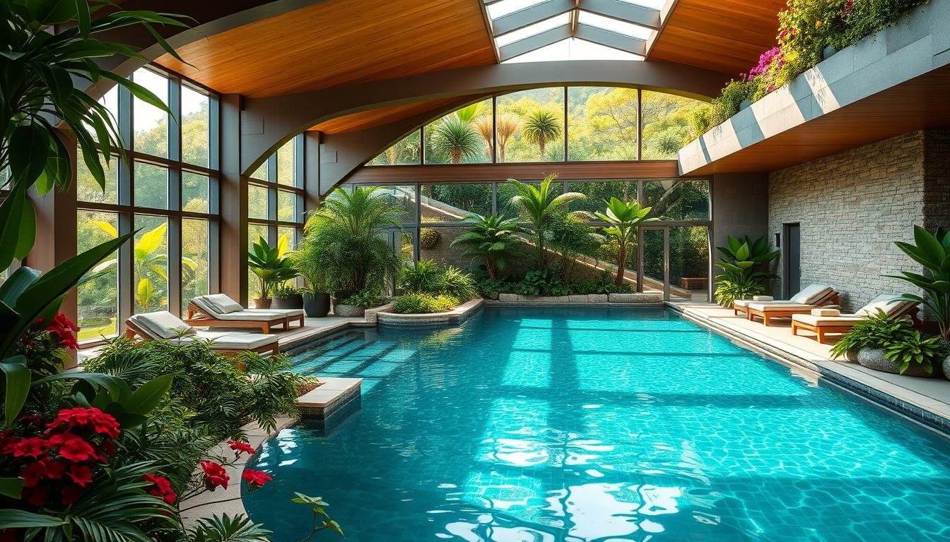 A luxurious indoor pool complex nestled amidst a verdant oasis, with sleek architectural lines and natural stone accents. Bright, natural light filters through large windows, casting a warm glow across the shimmering turquoise waters. Lush greenery and vibrant blooms adorn the surrounding landscape, creating a serene, spa-like ambiance. Elegant cabanas and loungers invite visitors to unwind and soak in the tranquil atmosphere. The pool's seamless integration with the natural environment evokes a sense of harmony and rejuvenation. Capture the essence of this high-end Korean wellness destination, a hidden gem offering an exceptional hydrotherapy experience.