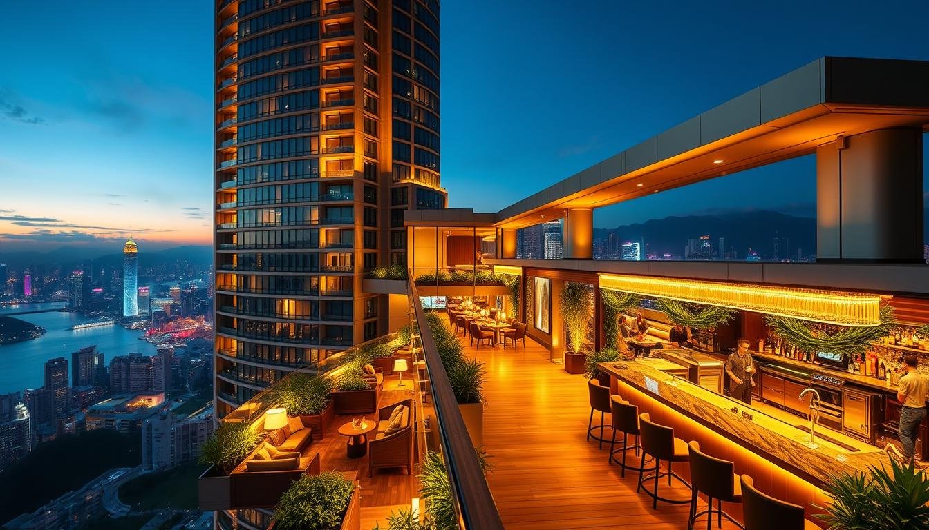 A luxurious, modern hotel facade with a prominent rooftop terrace and bar, capturing the vibrant nightlife of Hong Kong. The building stands tall, its glass and steel exterior gleaming under the warm glow of elegant outdoor lighting. The rooftop features plush seating areas, lush greenery, and a sleek bar counter where guests can enjoy breathtaking views of the city skyline and harbor. The scene is bathed in a warm, golden hue, creating a cozy and inviting atmosphere perfect for indulging in high-end cocktails and socializing. The image conveys a sense of sophistication, exclusivity, and the ultimate rooftop experience.
