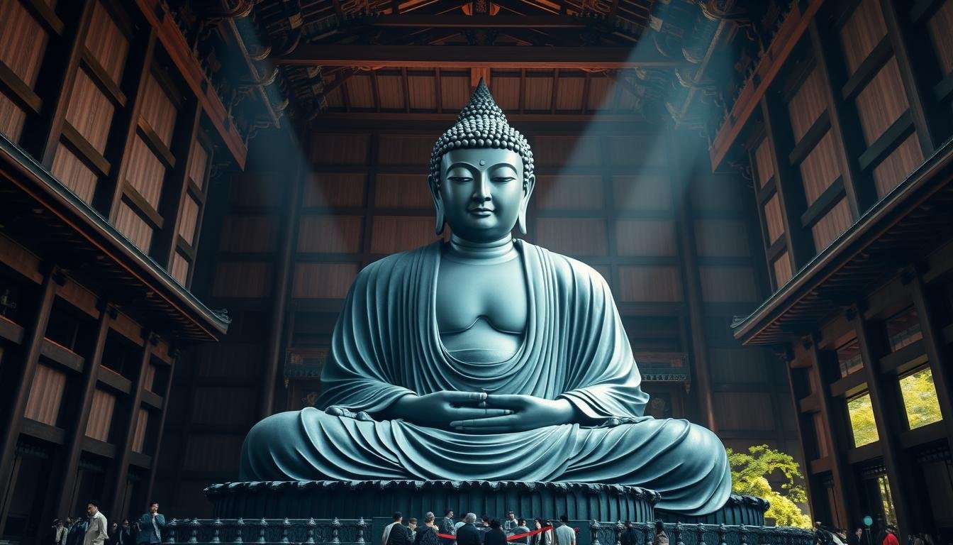 A magnificent bronze Buddha statue, the Daibutsu, sitting serenely in the grand Daibutsu-den hall of Tōdai-ji temple in Nara, Japan. The colossal figure, over 15 meters tall, is illuminated by soft, natural lighting filtering through the wooden architecture. Intricate carvings and details adorn the Buddha's serene expression and flowing robes. The temple's serene, peaceful atmosphere envelops the viewer, inviting contemplation and reverence. In the background, the ornate architecture and lush greenery of the surrounding gardens create a harmonious, traditional Japanese landscape. A breathtaking depiction of one of Japan's most iconic national treasures.