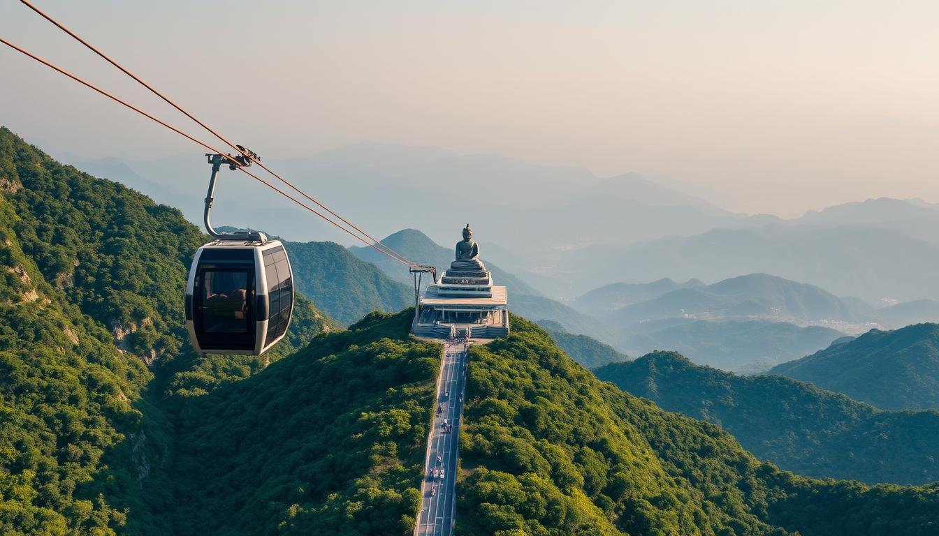 A majestic cable car system soaring high above the lush, mountainous landscape of Ngong Ping, Hong Kong. The Ngong Ping 360 cable car glides effortlessly, offering breathtaking views of the surrounding peaks and the distant Tian Tan Buddha statue. The gondolas, sleek and modern, are bathed in warm, golden sunlight, casting long shadows on the verdant foliage below. In the middle ground, the cable car station stands as a harmonious architectural marvel, seamlessly blending with the natural environment. The background features a panoramic vista of the rolling hills and valleys, hazy in the distance, creating a sense of tranquility and vastness. This image conveys the accessible, yet awe-inspiring experience of visiting the Tian Tan Buddha, one of Hong Kong's iconic landmarks. A majestic cable car system soaring high above the lush, mountainous landscape of Ngong Ping, Hong Kong. The Ngong Ping 360 cable car glides effortlessly, offering breathtaking views of the surrounding peaks and the distant Tian Tan Buddha statue. The gondolas, sleek and modern, are bathed in warm, golden sunlight, casting long shadows on the verdant foliage below. In the middle ground, the cable car station stands as a harmonious architectural marvel, seamlessly blending with the natural environment. The background features a panoramic vista of the rolling hills and valleys, hazy in the distance, creating a sense of tranquility and vastness. This image conveys the accessible, yet awe-inspiring experience of visiting the Tian Tan Buddha, one of Hong Kong's iconic landmarks.