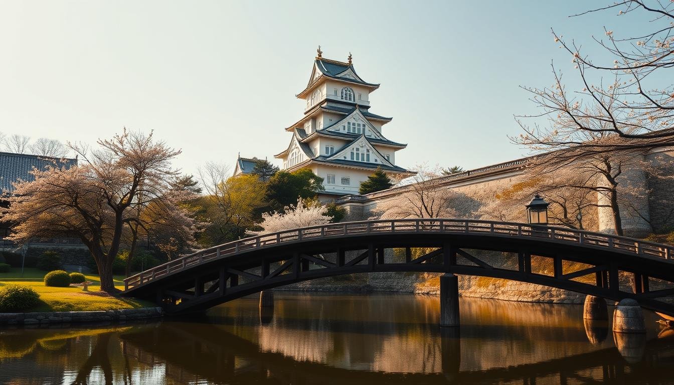 A majestic castle tower stands tall, its elegant pagoda-style roof and distinctive architecture reflecting the rich cultural heritage of Japan. The foreground is a tranquil courtyard, with a curved wooden bridge arching over a serene pond, its surface mirroring the stunning castle above. The middle ground is dotted with lush greenery and the delicate blossoms of cherry trees, their soft pink hues adding a touch of natural beauty. The background is framed by the towering walls of the castle, casting dramatic shadows and creating a sense of timeless grandeur. The scene is bathed in warm, golden light, casting a soft, nostalgic glow over the entire composition. This image is captured with a wide-angle lens, allowing the viewer to fully immerse themselves in the majestic setting of Hirosaki Castle.
