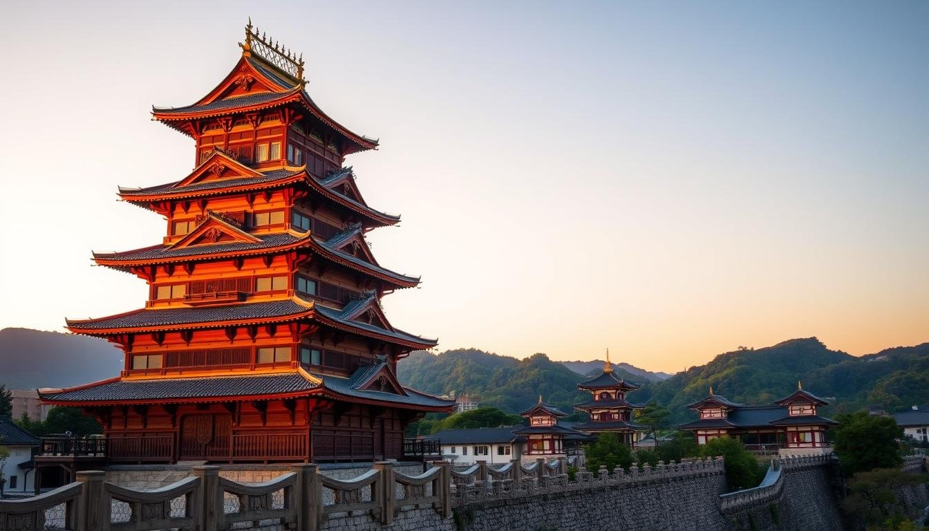 A majestic five-story castle tower stands in the foreground, its architectural details illuminated by the warm glow of sunset. The wooden structure features ornate carvings, sweeping roofs, and graceful curves, reflecting the sophisticated design of Japan's Feudal era. In the middle ground, the surrounding stone walls and pagoda-style buildings create a serene, historical atmosphere. The background is framed by lush green hills and a clear, azure sky, conveying a sense of timeless tranquility. The overall scene captures the essence of Matsumoto Castle, a remarkable example of Feudal Japanese architecture and a testament to the region's rich cultural heritage.