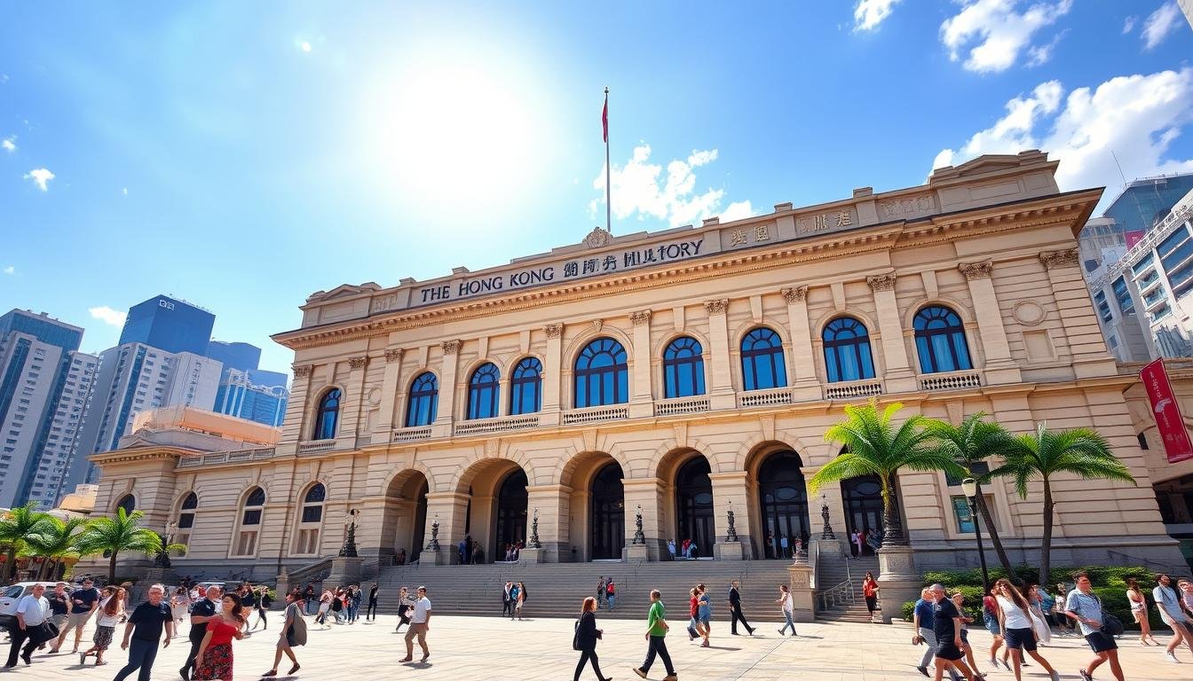 A majestic, neoclassical-style building with grand arched entrances and ornate facades, standing tall in the bustling heart of Hong Kong. The Hong Kong Museum of History, a repository of the city's rich cultural heritage, capturing the essence of its dynamic past. Bright sunlight casts warm hues across the sandstone exterior, inviting visitors to explore the fascinating narratives within. The museum's serene plaza is bustling with locals and tourists alike, enjoying a leisurely stroll amidst the vibrant energy of the surrounding Tsim Sha Tsui district, home to iconic landmarks and a thriving cultural scene.
