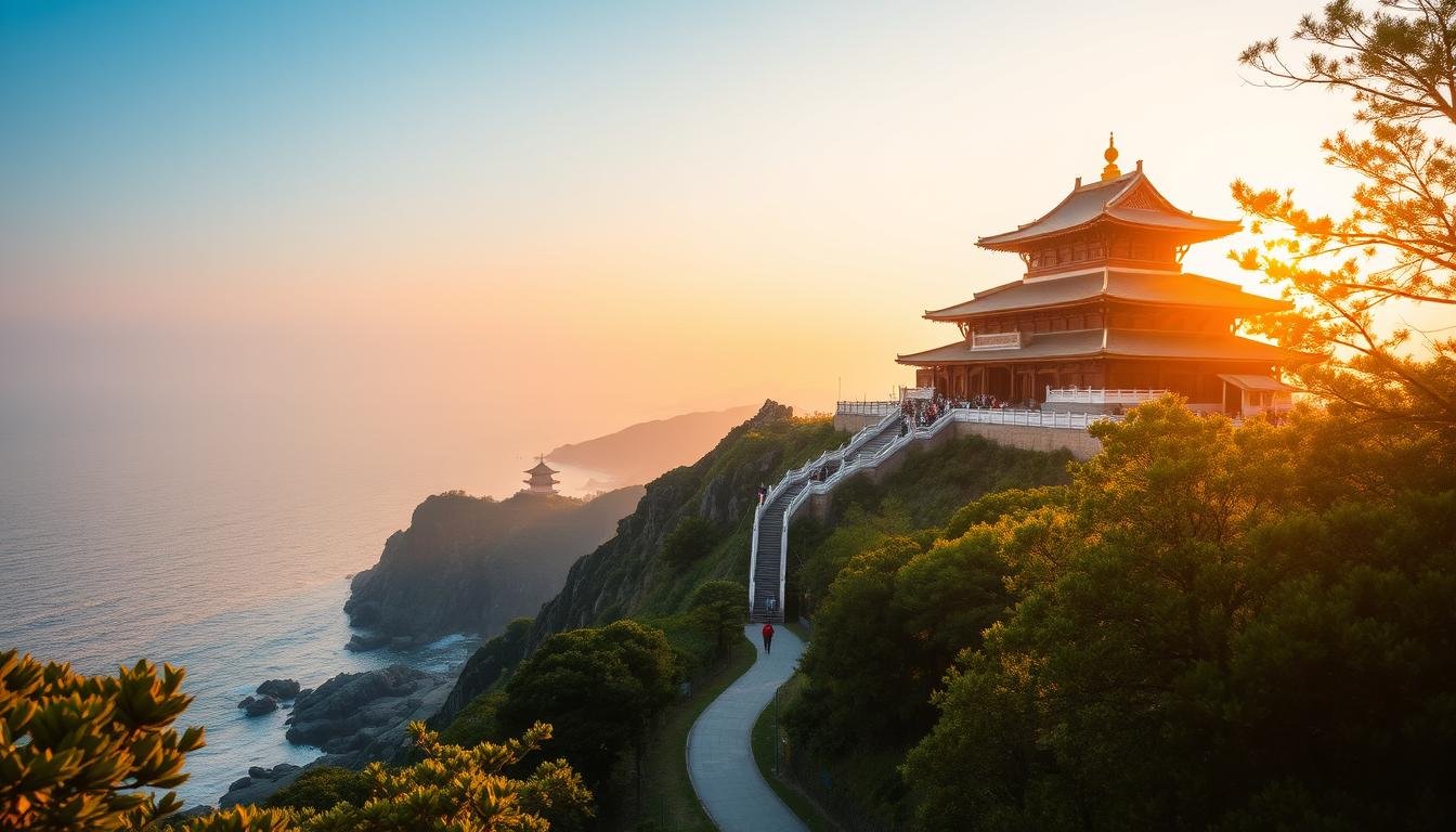 A majestic seaside temple, Haedong Yonggungsa, stands resplendent at dawn. The grand Buddhist complex perches atop rugged cliffs, its pagodas and pavilions reflected in the shimmering sea below. Warm sunlight casts a golden glow, illuminating the ornate architecture and the faithful gathered to offer their prayers. In the foreground, a serene path winds through lush foliage, inviting visitors to explore this sacred sanctuary. The dramatic coastline stretches into the distance, the sky softly transitioning from indigo to vibrant hues. An awe-inspiring blend of natural beauty and spiritual devotion. A majestic seaside temple, Haedong Yonggungsa, stands resplendent at dawn. The grand Buddhist complex perches atop rugged cliffs, its pagodas and pavilions reflected in the shimmering sea below. Warm sunlight casts a golden glow, illuminating the ornate architecture and the faithful gathered to offer their prayers. In the foreground, a serene path winds through lush foliage, inviting visitors to explore this sacred sanctuary. The dramatic coastline stretches into the distance, the sky softly transitioning from indigo to vibrant hues. An awe-inspiring blend of natural beauty and spiritual devotion.
