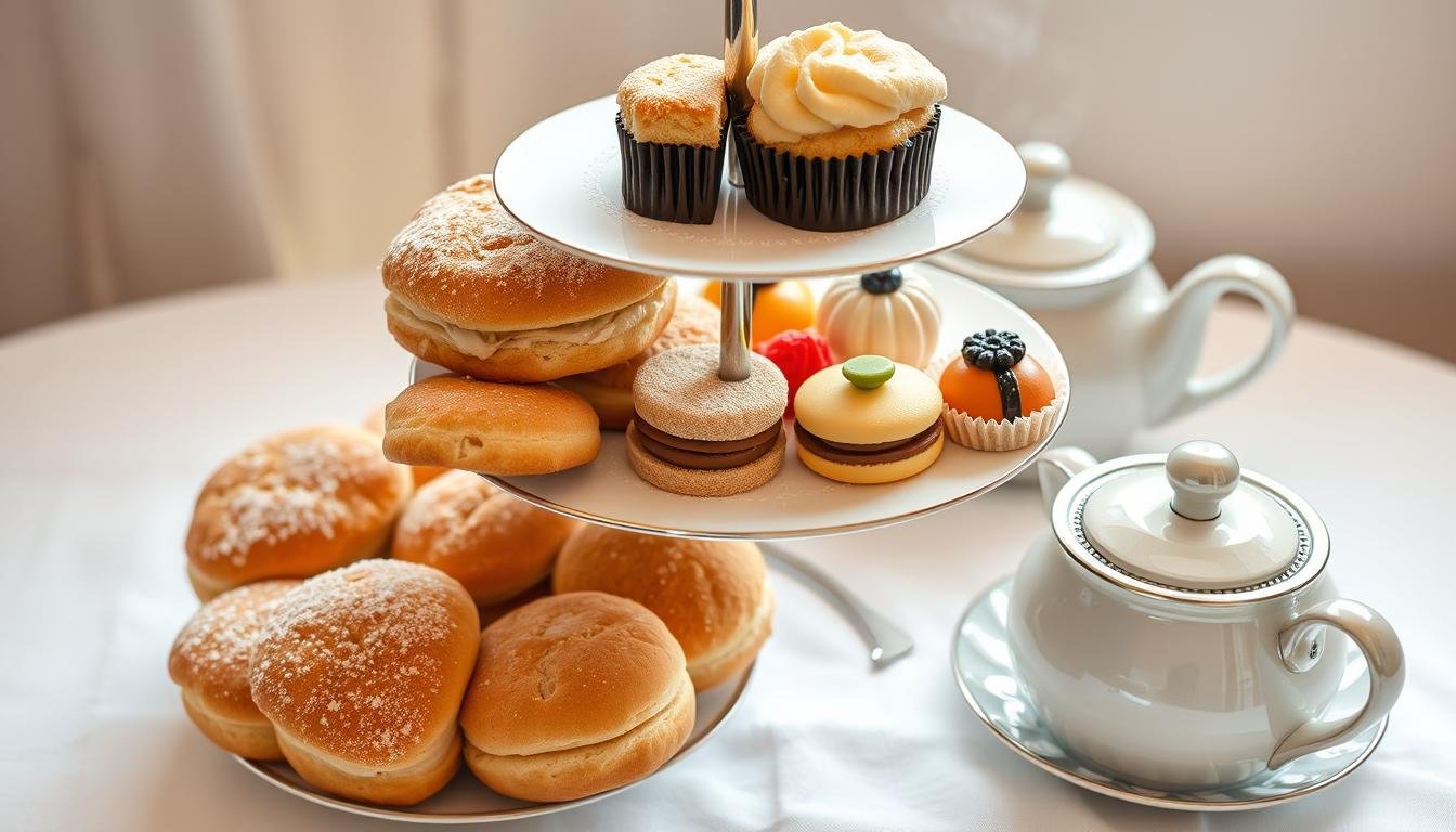 A meticulously arranged three-tier cake stand showcases a tempting display of freshly baked English scones, accompanied by a steaming pot of aromatic tea. The delicate pastries are dusted with a light powdering of confectioner's sugar, their golden-brown crusts glistening under the soft, diffused lighting. The middle tier holds a selection of decadent petit fours, their vibrant colors and intricate designs adding a touch of elegance to the presentation. The bottom tier features a variety of finger sandwiches, their fillings peeking out from the neatly trimmed crusts. The scene is set against a backdrop of a crisp, white tablecloth, allowing the pastries and tea service to take center stage, creating a harmonious and inviting atmosphere for an indulgent English afternoon tea experience. A meticulously arranged three-tier cake stand showcases a tempting display of freshly baked English scones, accompanied by a steaming pot of aromatic tea. The delicate pastries are dusted with a light powdering of confectioner's sugar, their golden-brown crusts glistening under the soft, diffused lighting. The middle tier holds a selection of decadent petit fours, their vibrant colors and intricate designs adding a touch of elegance to the presentation. The bottom tier features a variety of finger sandwiches, their fillings peeking out from the neatly trimmed crusts. The scene is set against a backdrop of a crisp, white tablecloth, allowing the pastries and tea service to take center stage, creating a harmonious and inviting atmosphere for an indulgent English afternoon tea experience.
